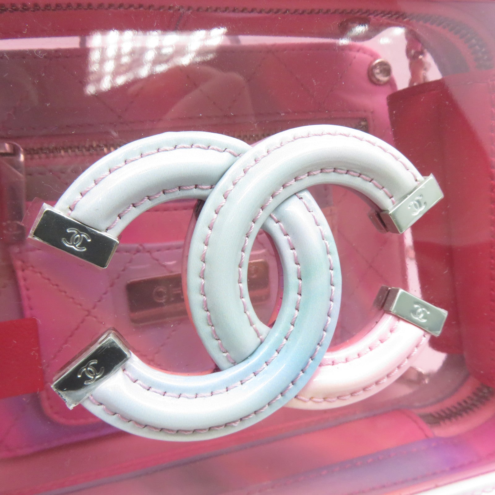 CHANEL PVC Vanity Case銀扣鏈帶手挽肩背兩用袋粉紅色