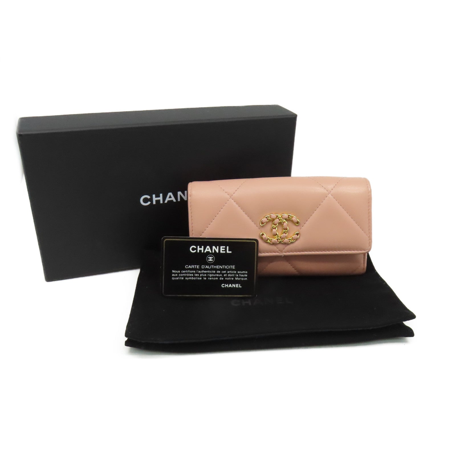CHANEL 菱格牛皮皮革Middle Wallet金扣錢包粉紅色