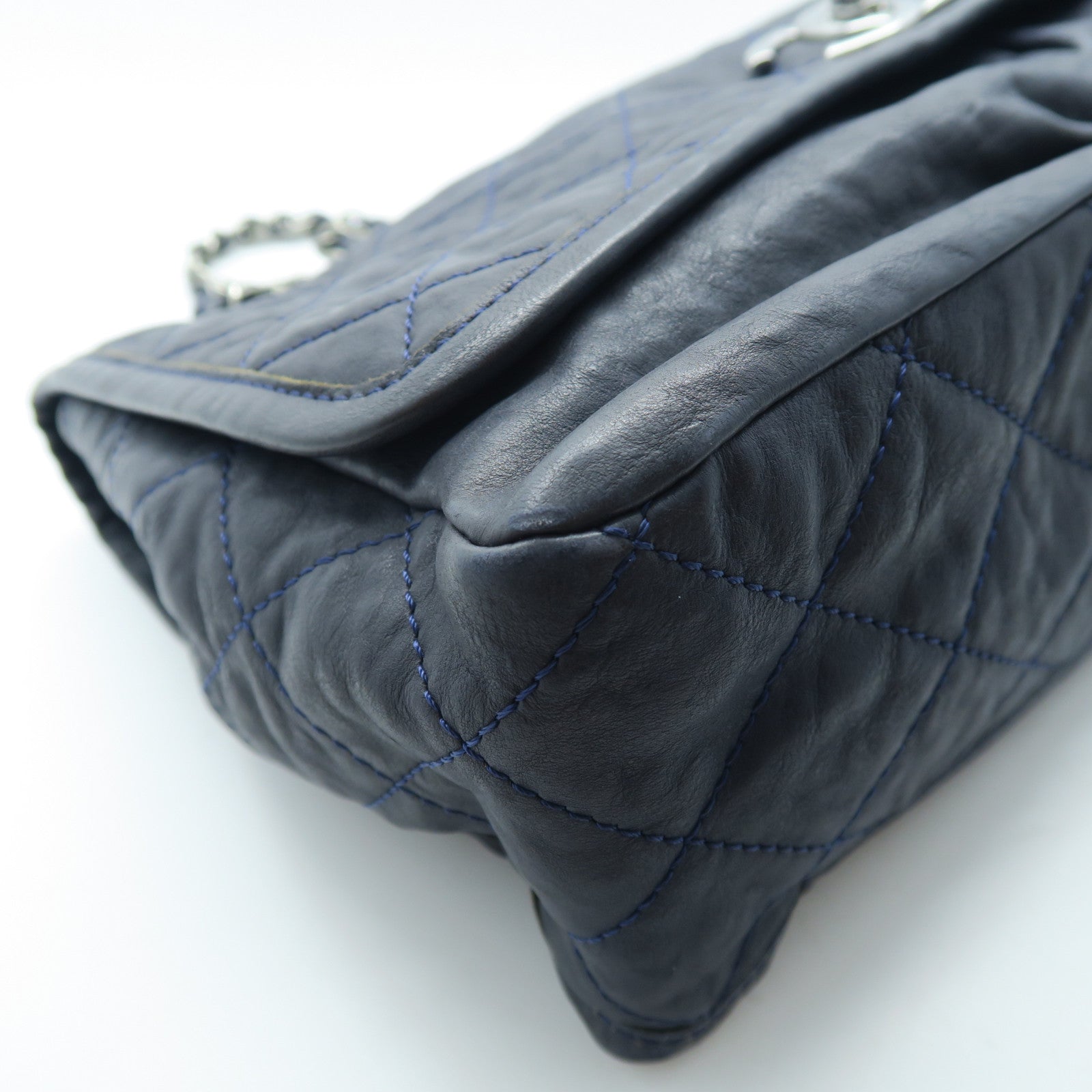 CHANEL 菱格羊皮皮革Chain Shoulder銀扣鏈帶肩背袋灰色