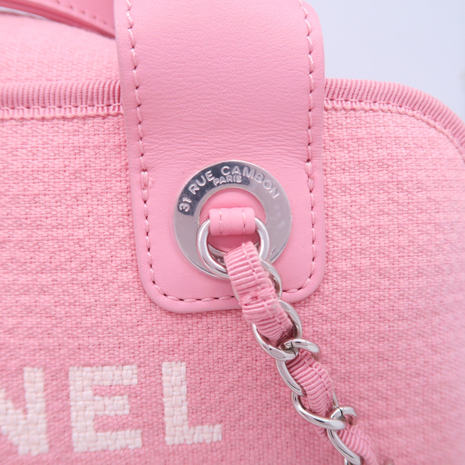 CHANEL 【激減優惠】帆布Deauville銀扣手挽鏈帶肩背兩用袋粉紅色