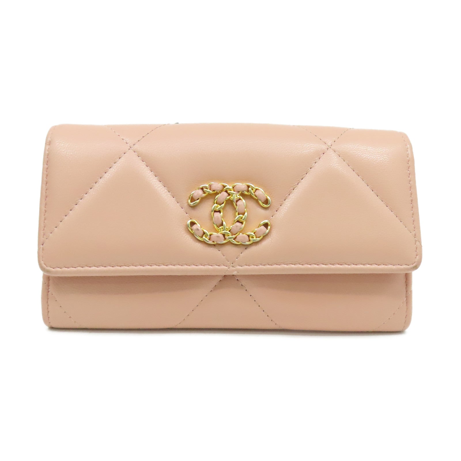 CHANEL 菱格牛皮皮革Middle Wallet金扣錢包粉紅色