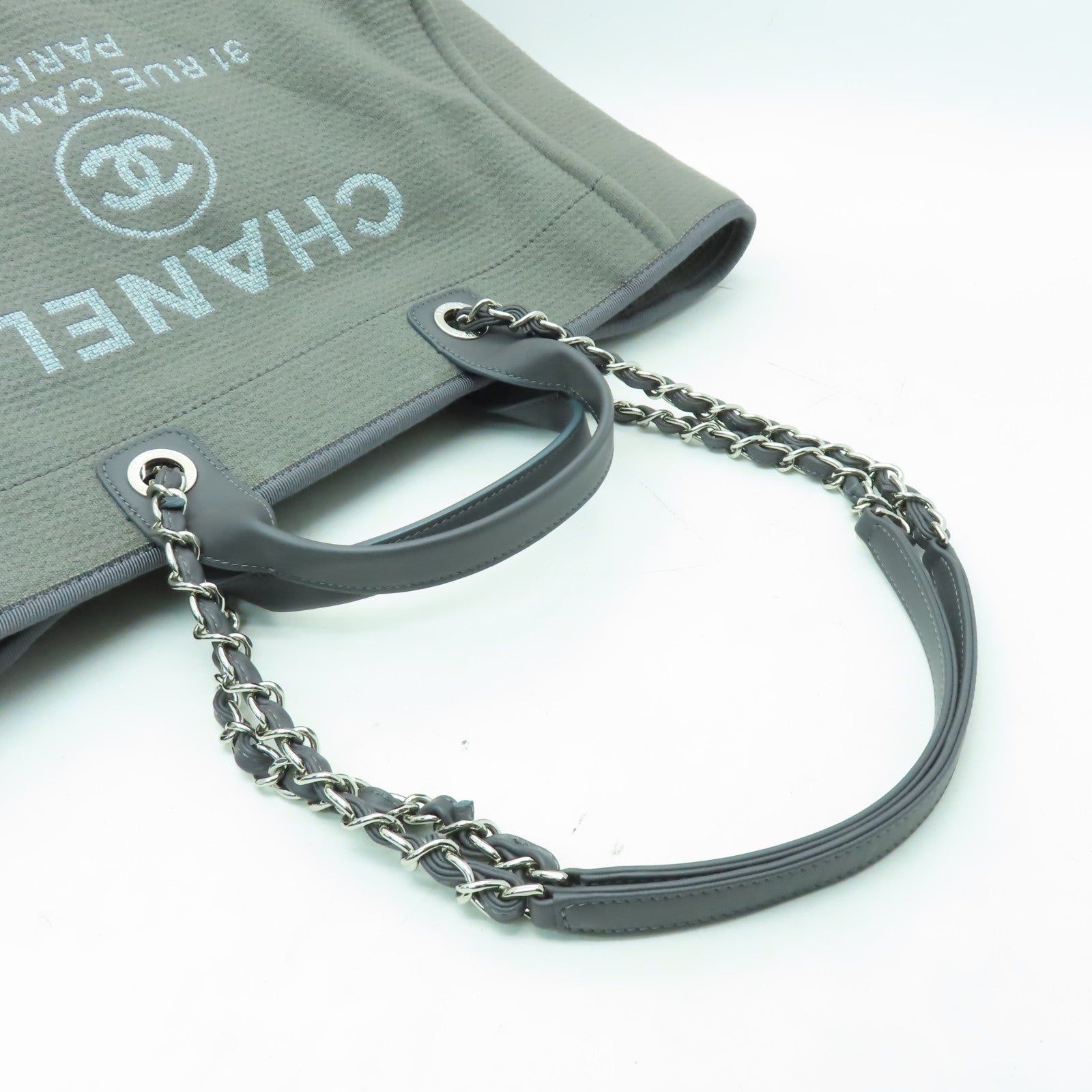 CHANEL 帆布Deauville Tote銀扣手挽肩背兩用袋灰色