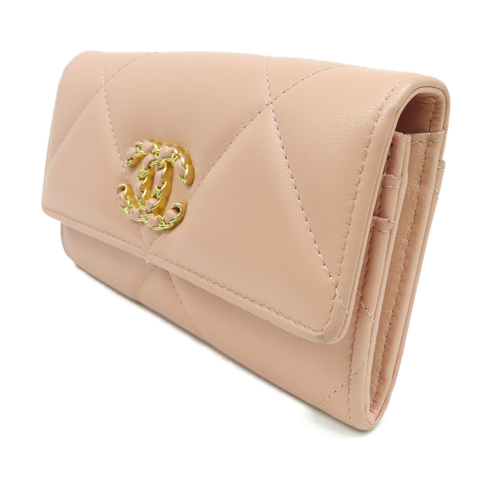 CHANEL 菱格牛皮皮革Middle Wallet金扣錢包粉紅色