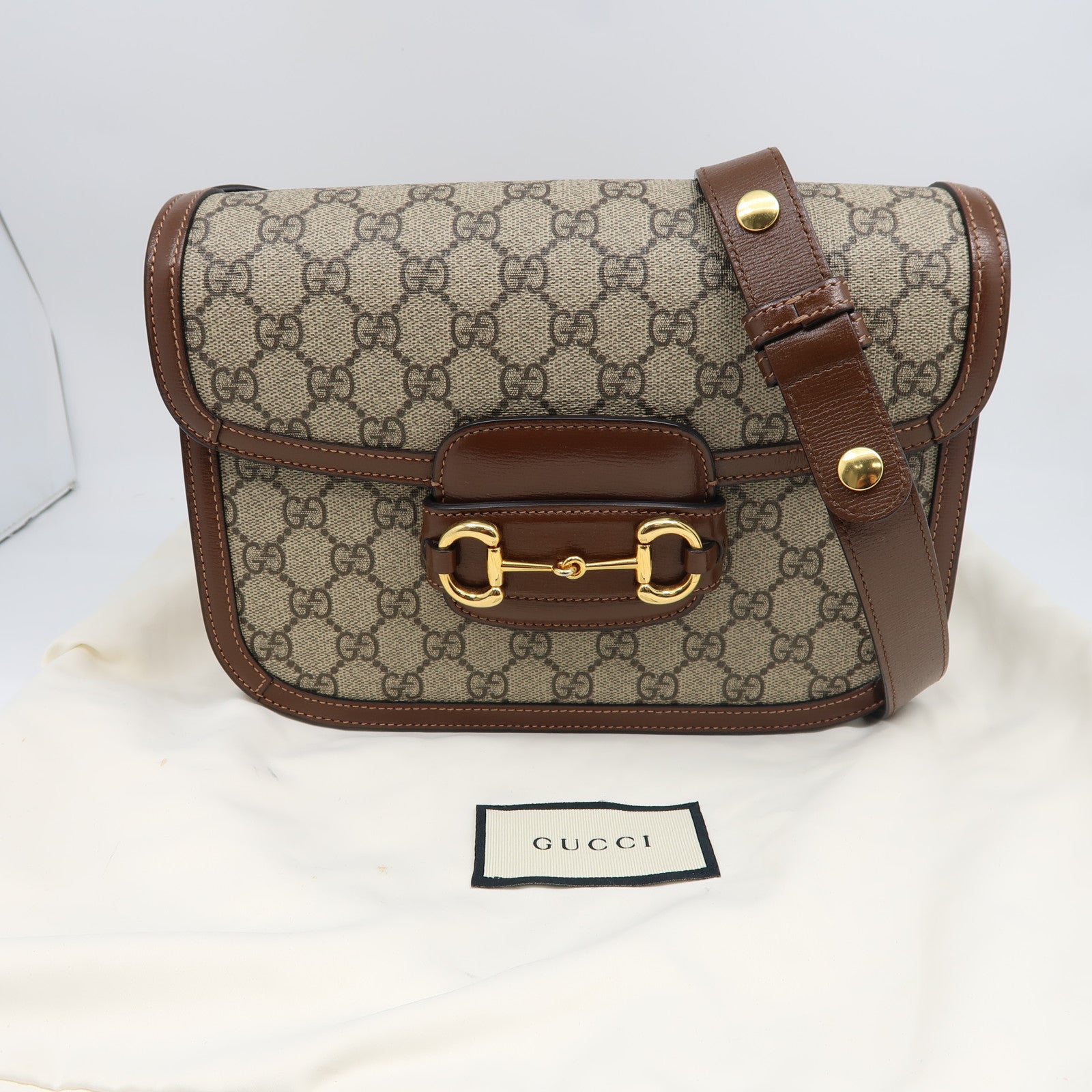 GUCCI 塗層帆布Horsebit 1955 Small金扣肩背袋啡色
