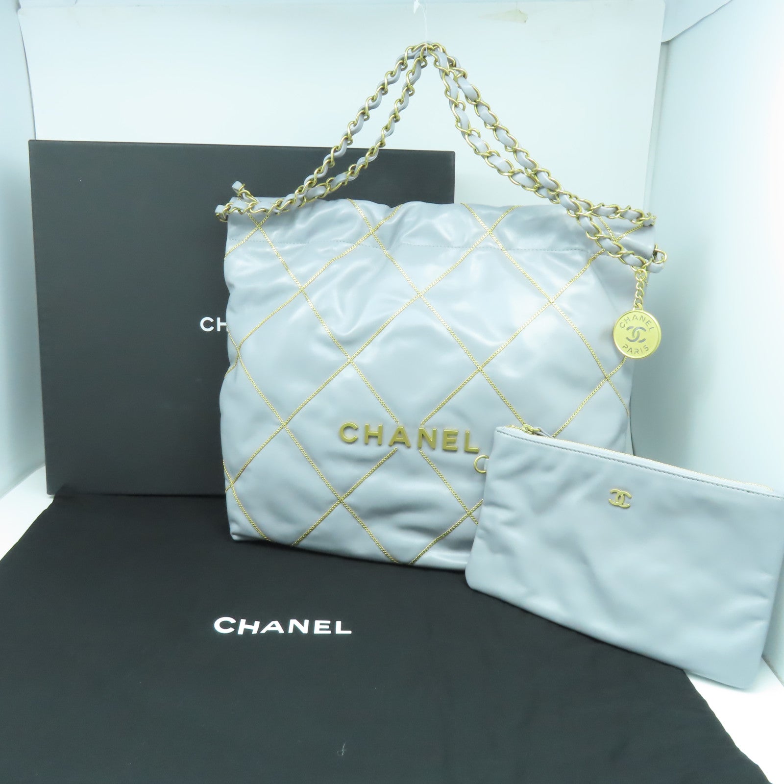 CHANEL 【激減優惠】菱格羊皮皮革C22 Small金扣肩背袋灰色