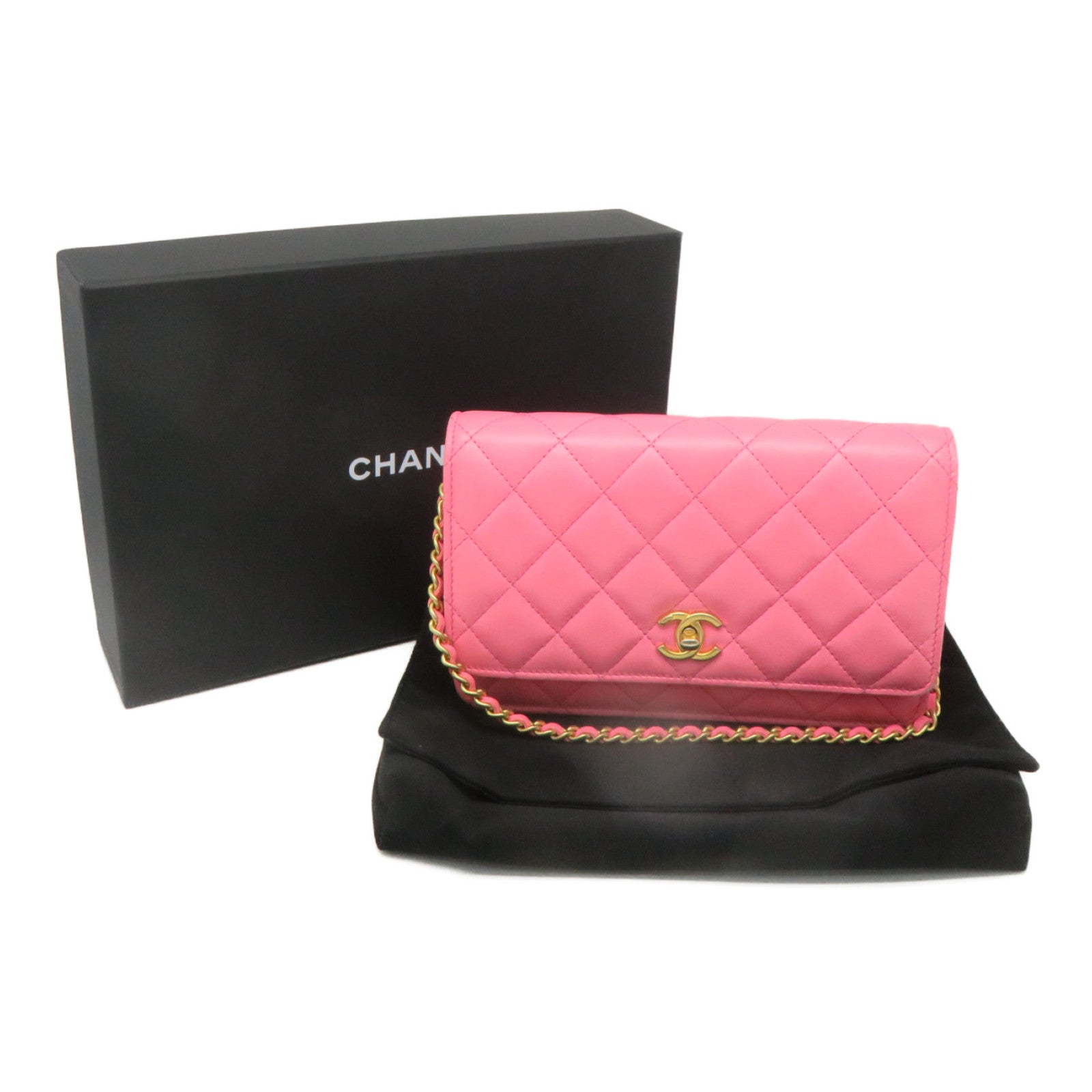 CHANEL 菱格羊皮皮革Wallet On Chain金扣链带肩背袋粉红色