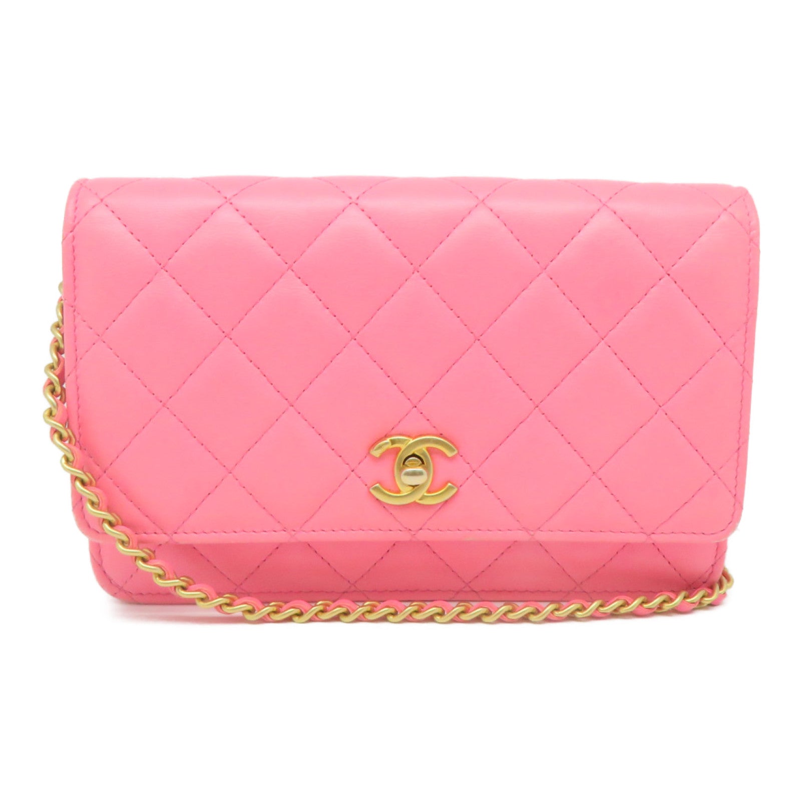 CHANEL 菱格羊皮皮革Wallet On Chain金扣链带肩背袋粉红色