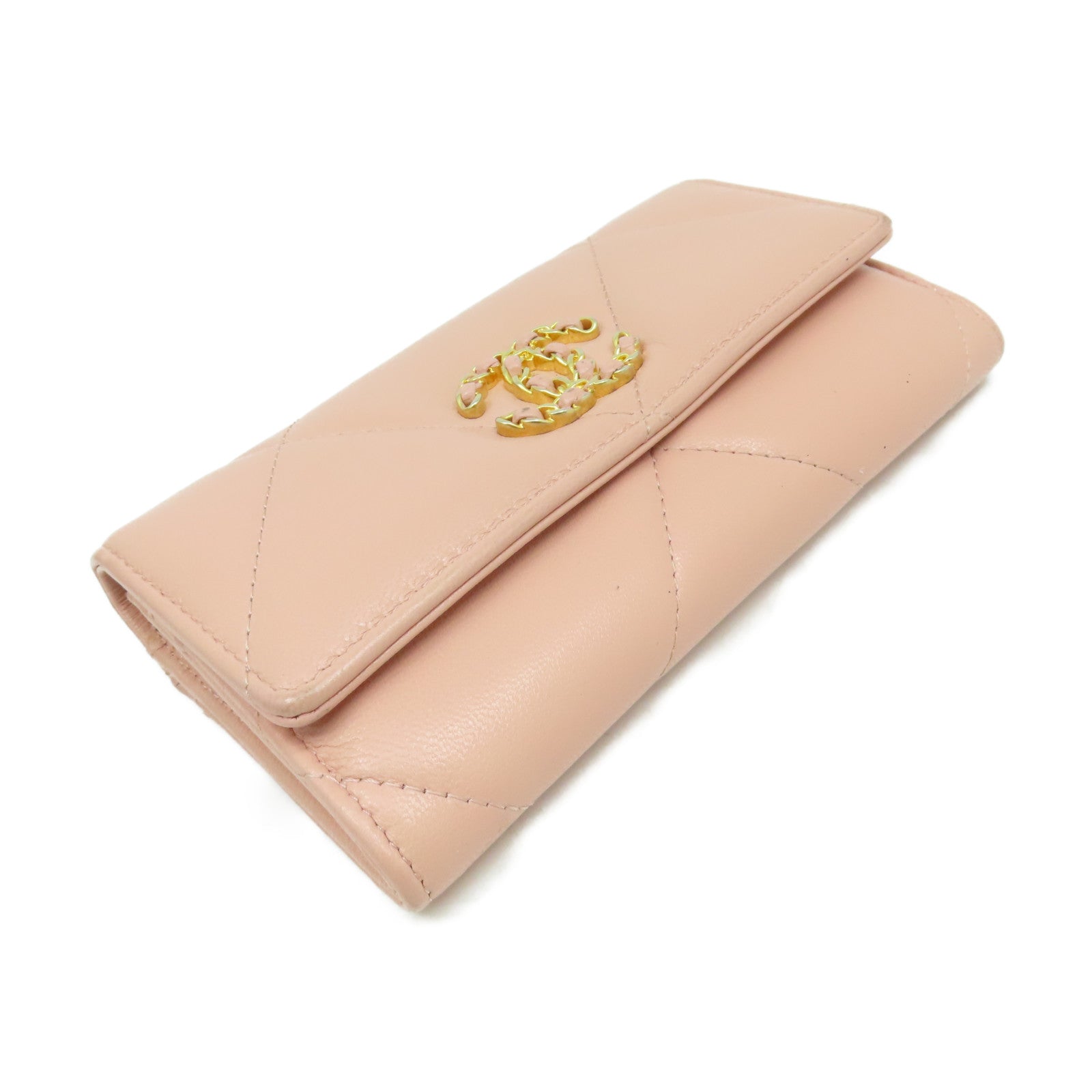 CHANEL 菱格牛皮皮革Middle Wallet金扣錢包粉紅色