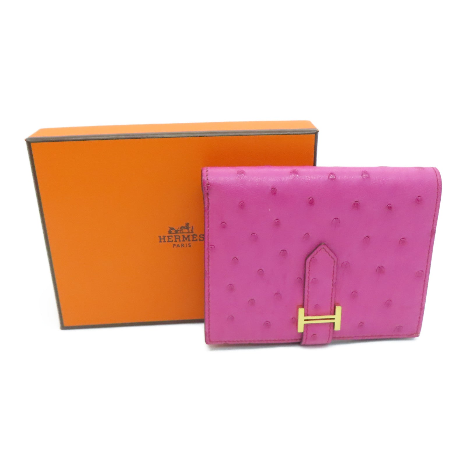 HERMES 駝鳥皮革Wallet金扣錢包Rose Purple粉紅色