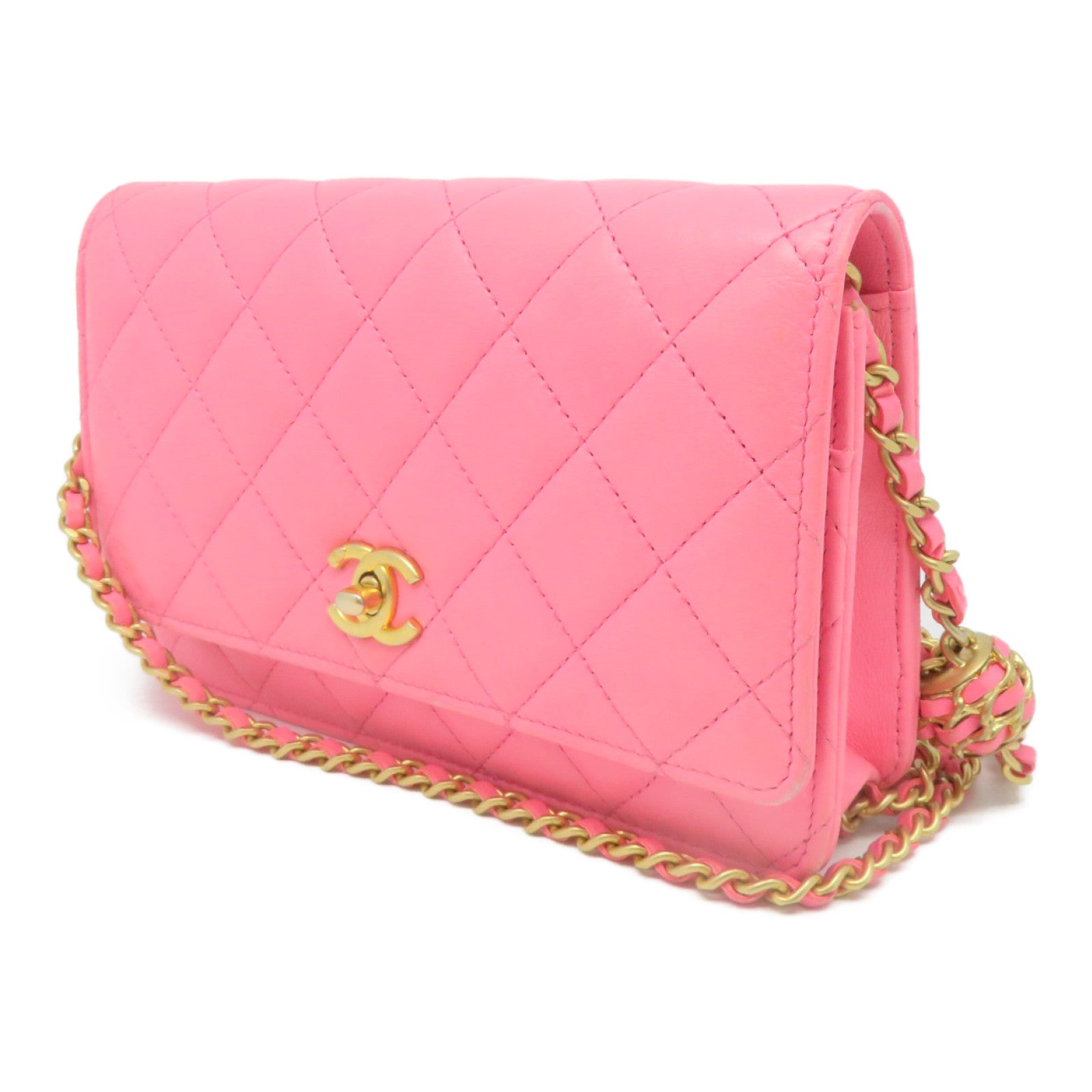 CHANEL 菱格羊皮皮革Wallet On Chain金扣链带肩背袋粉红色