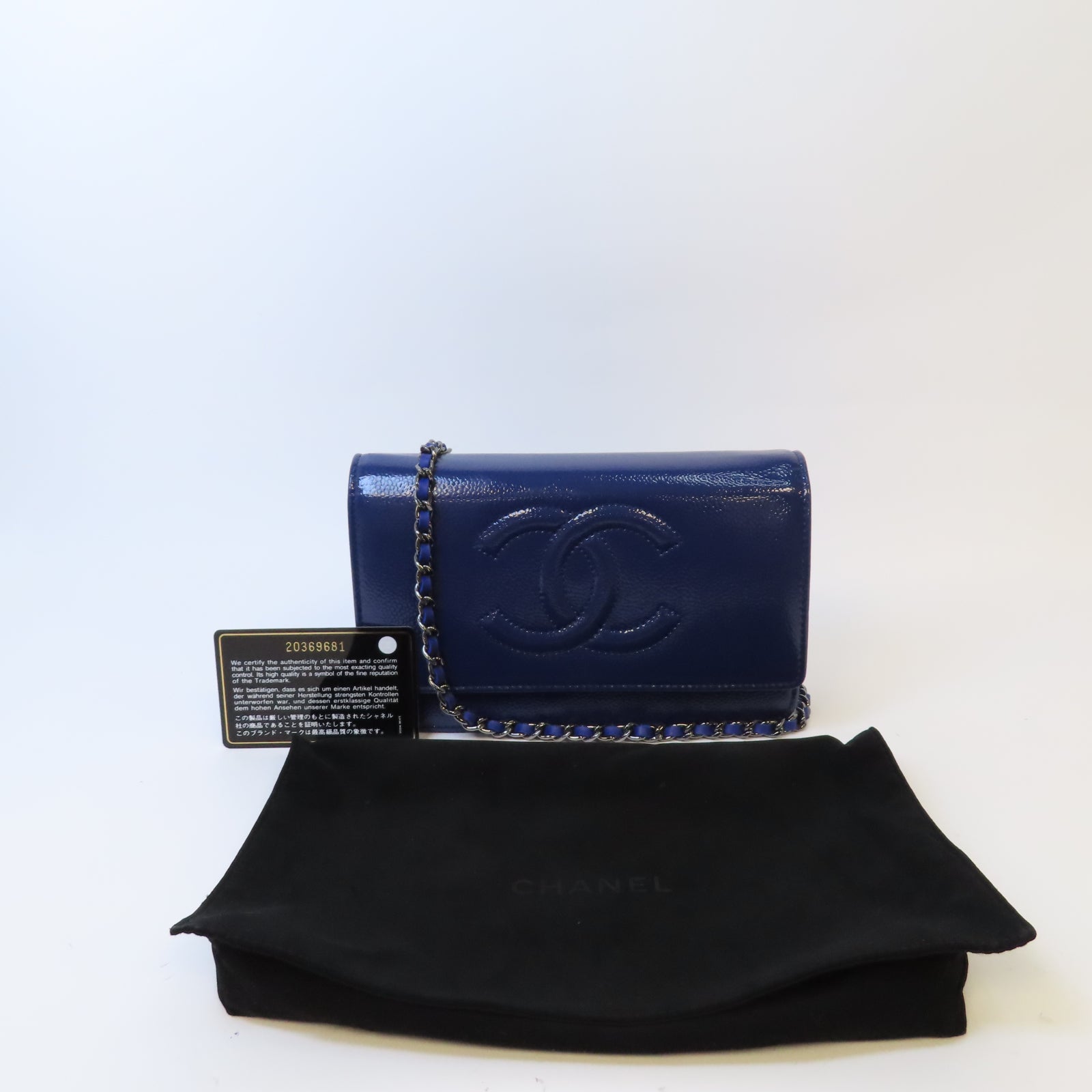 CHANEL 漆皮皮革Chain Shoulder銀扣鏈帶肩背袋藍色