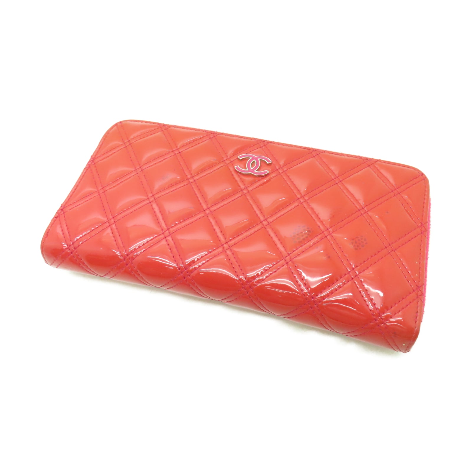 CHANEL 【激減優惠】菱格漆皮皮革Zipper Long Wallet銀扣長錢包紅色