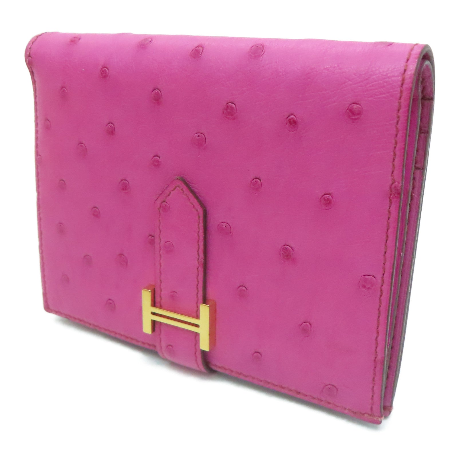 HERMES 駝鳥皮革Wallet金扣錢包Rose Purple粉紅色