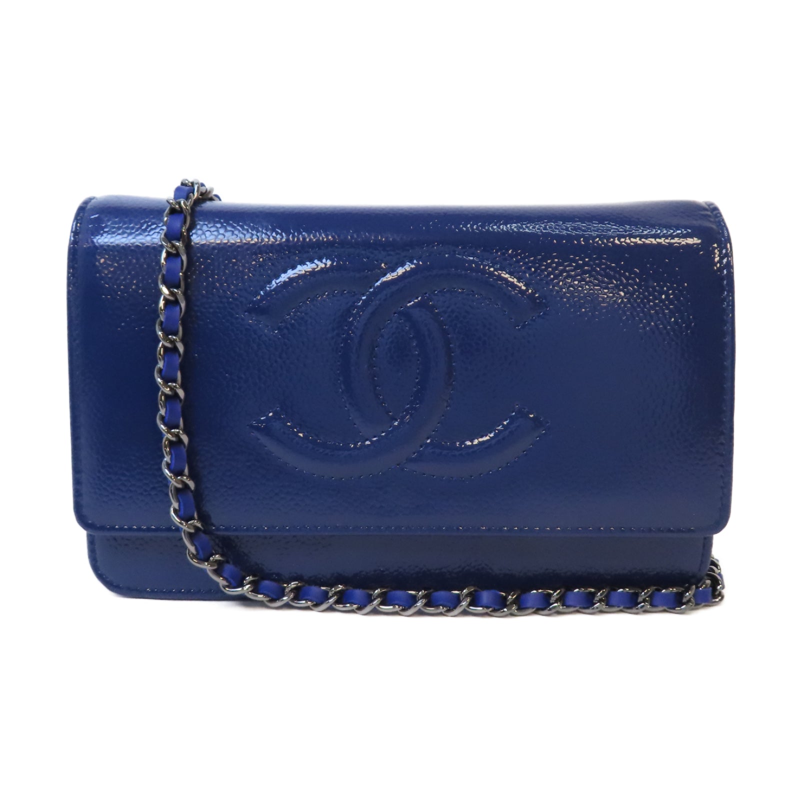CHANEL 漆皮皮革Chain Shoulder銀扣鏈帶肩背袋藍色