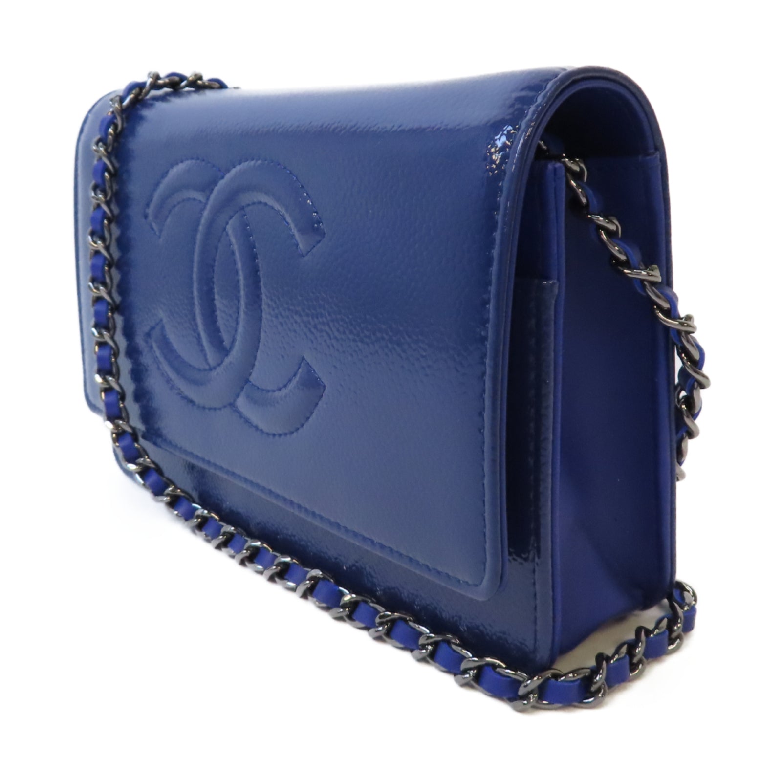 CHANEL 漆皮皮革Chain Shoulder銀扣鏈帶肩背袋藍色