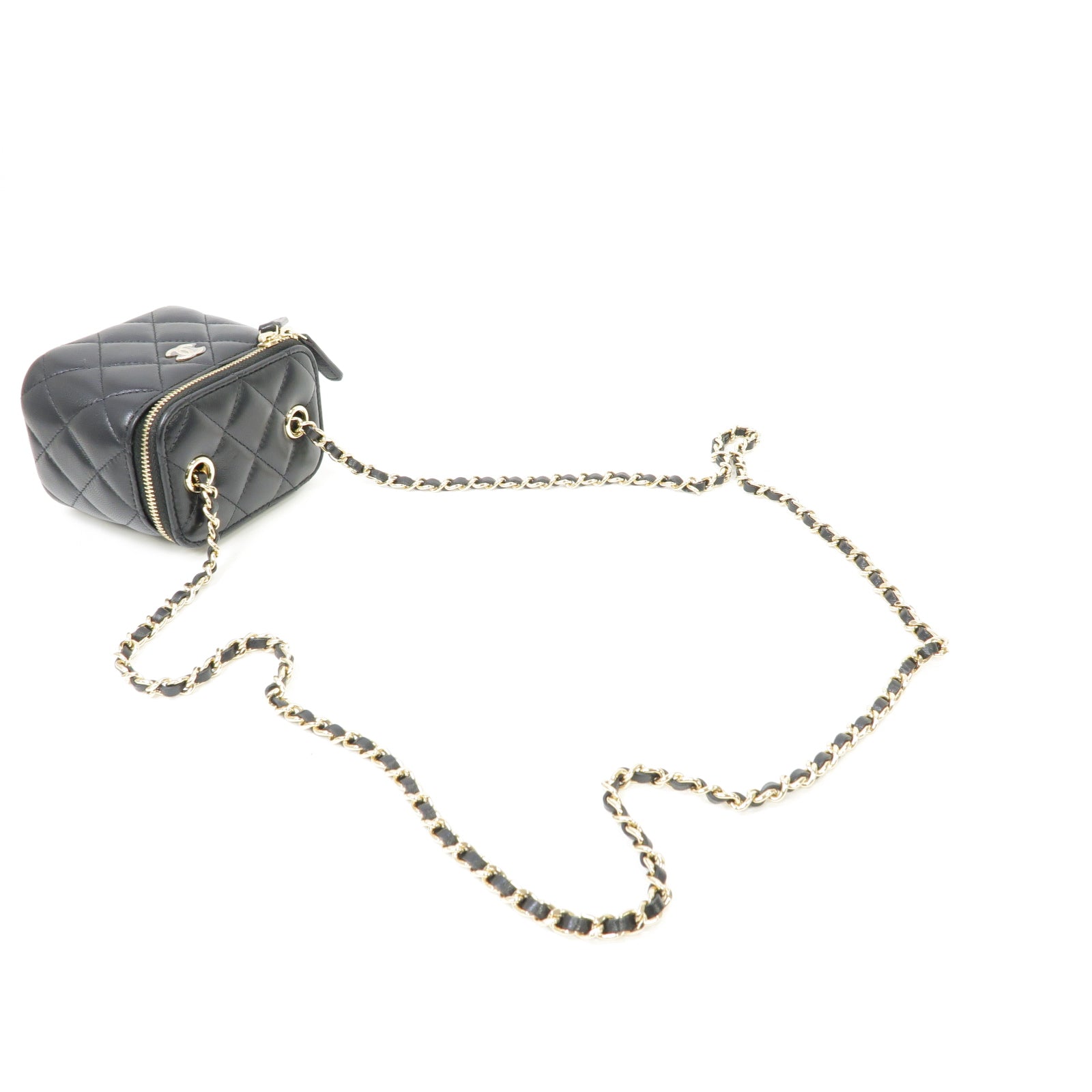 CHANEL 菱格羊皮皮革Chain Shoulder Bag金扣鏈帶肩背袋黒色