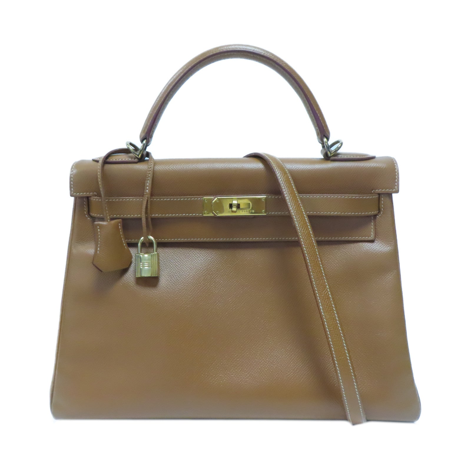HERMES Courchevel皮革Kelly 32金扣手挽肩背兩用袋經典駝色