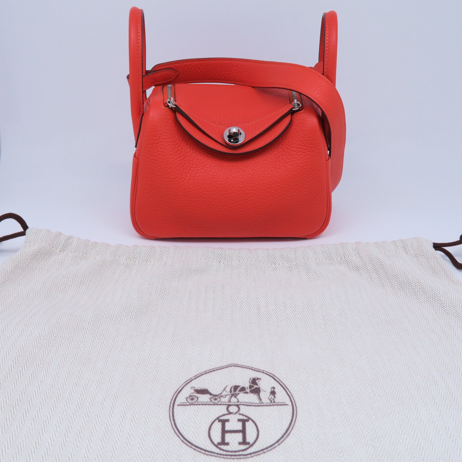 HERMES Clemence皮革Mini Lindy銀扣手挽肩背兩用袋火焰橘