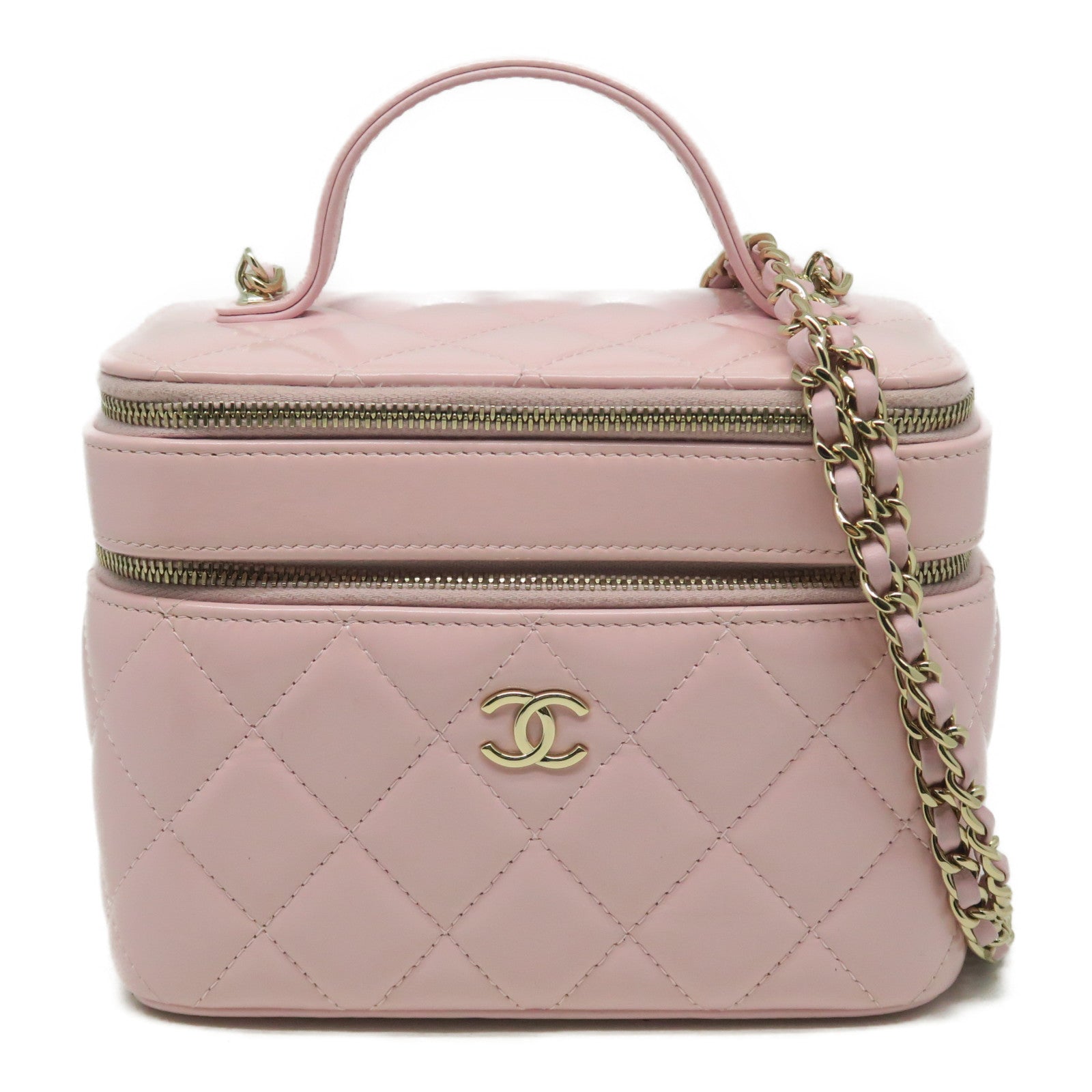 CHANEL 菱格牛皮皮革Vanity Case金扣鏈帶肩背袋粉紅色