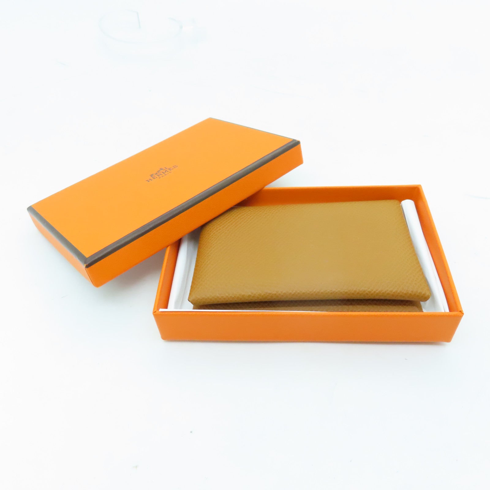 HERMES Veau Epsom皮革Calvi銀扣卡片包棕色