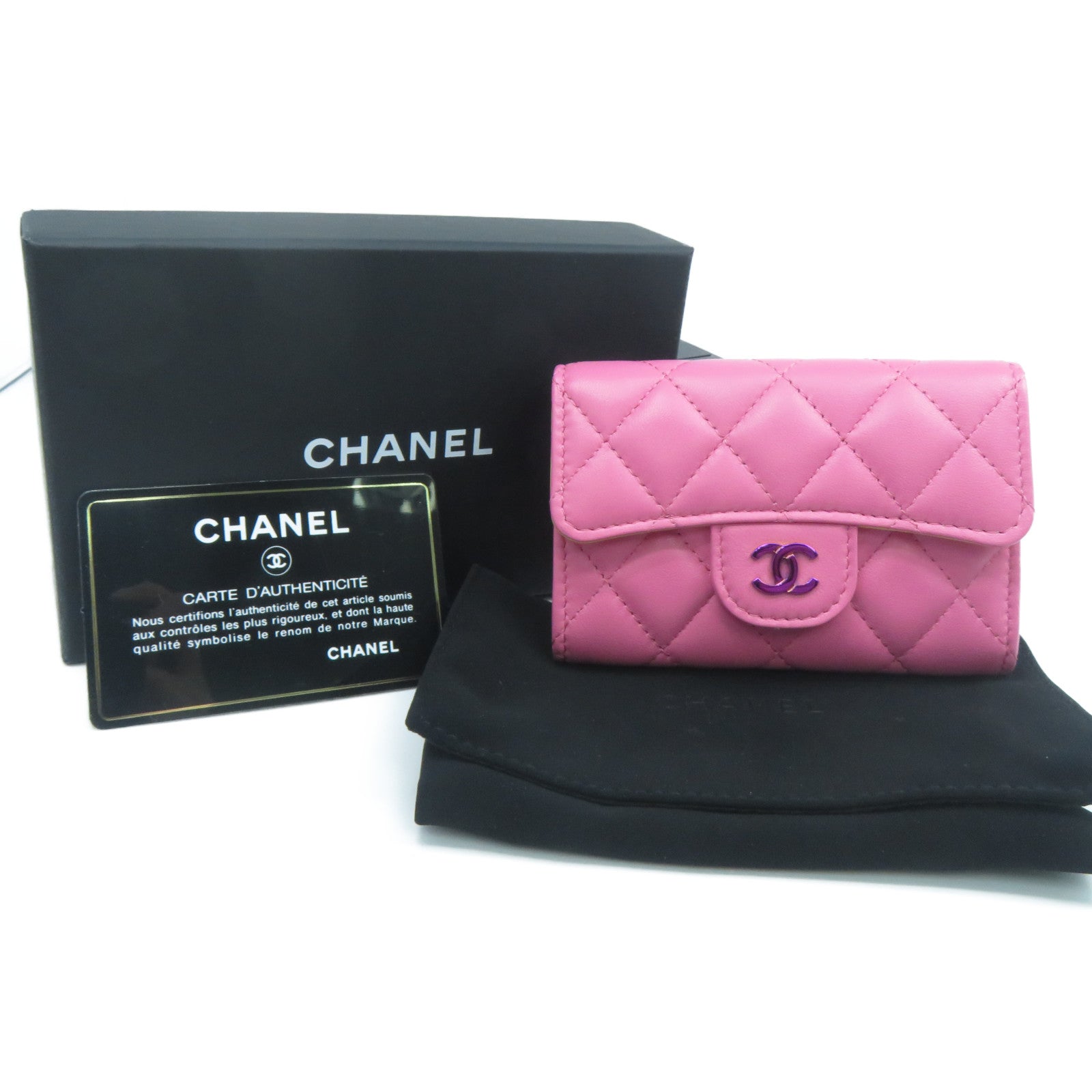 CHANEL 菱格羊皮皮革Card Case金扣卡片套粉紅色/黃色