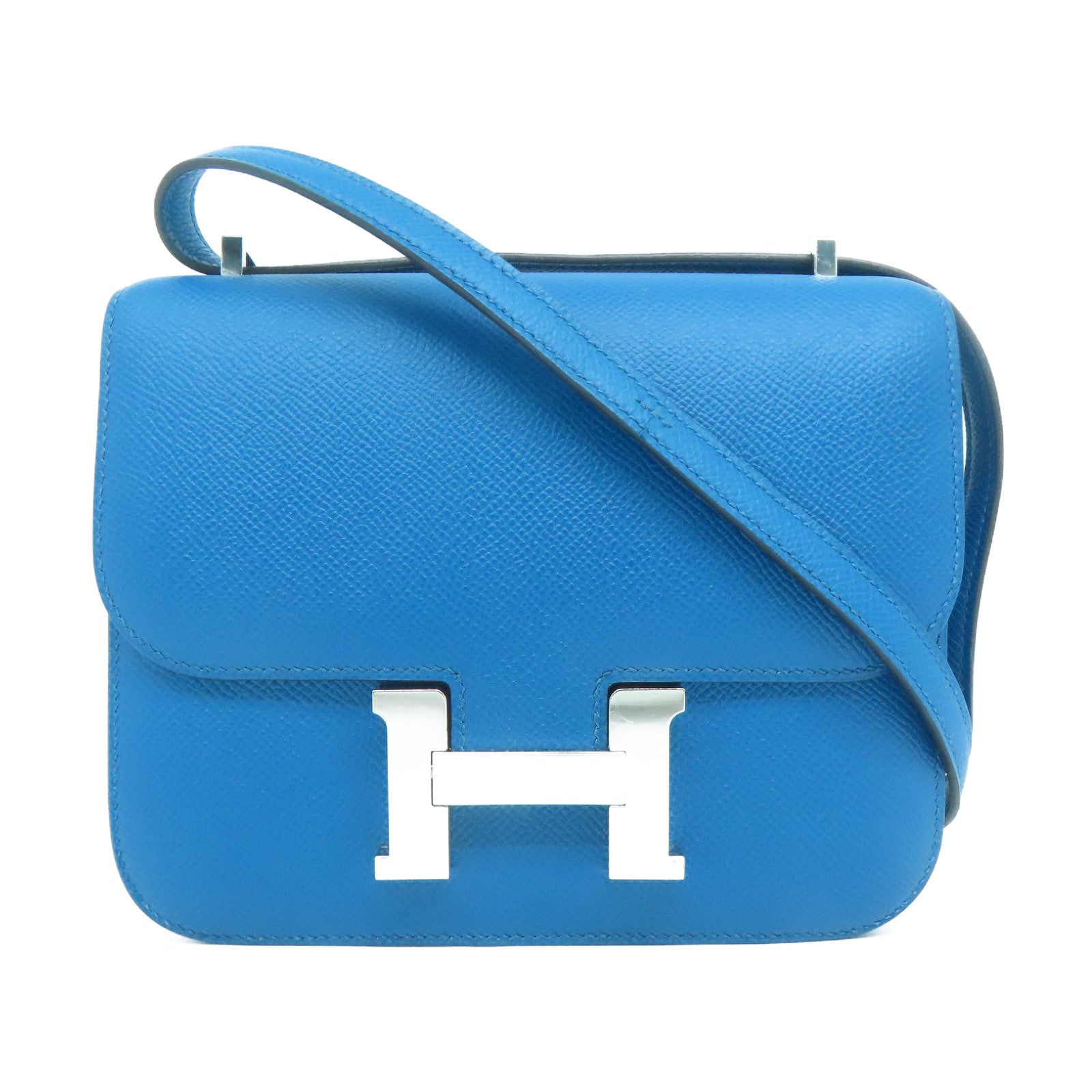 HERMES Veau Epsom皮革Constance Mini銀扣肩背袋海藍綠色