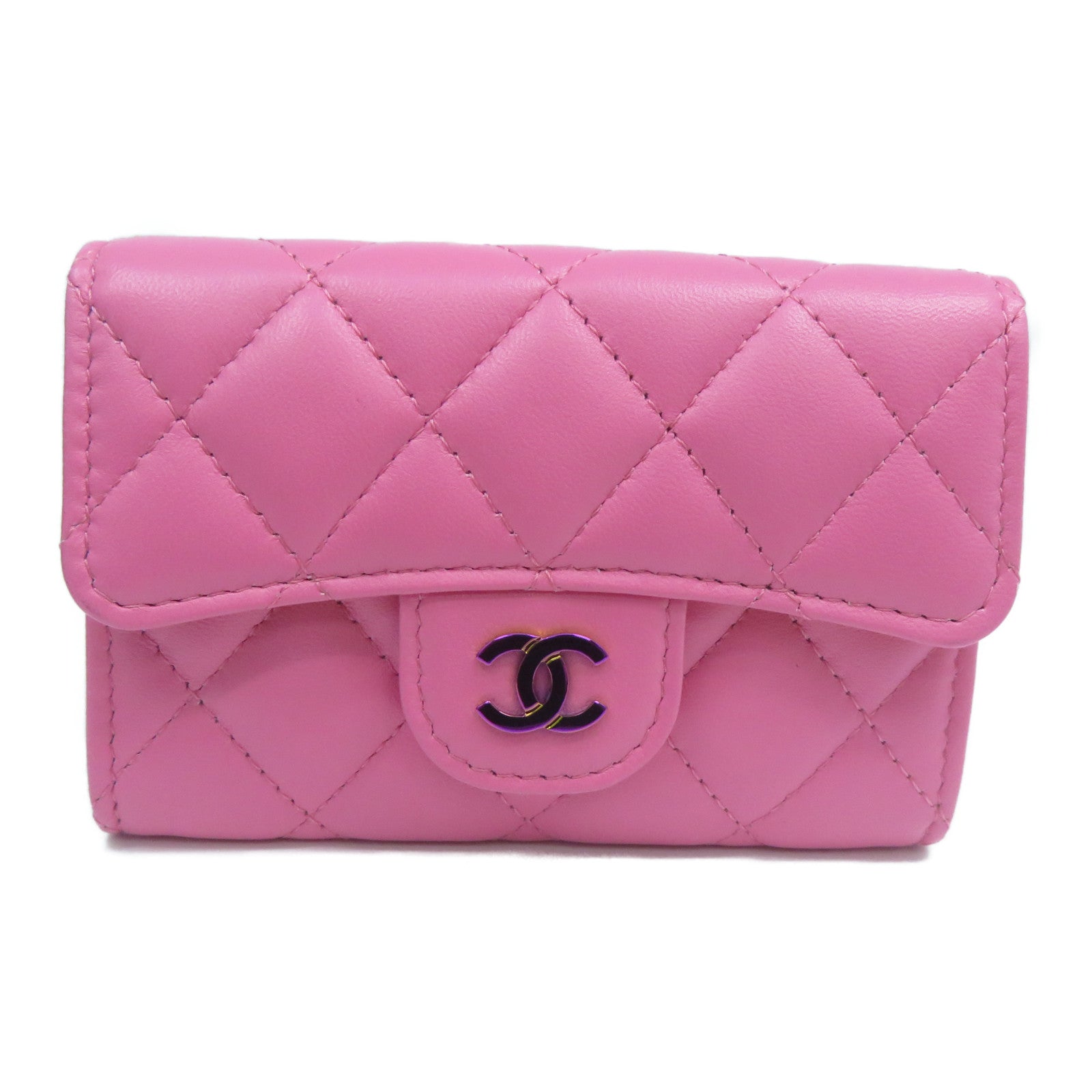 CHANEL 菱格羊皮皮革Card Case金扣卡片套粉紅色/黃色