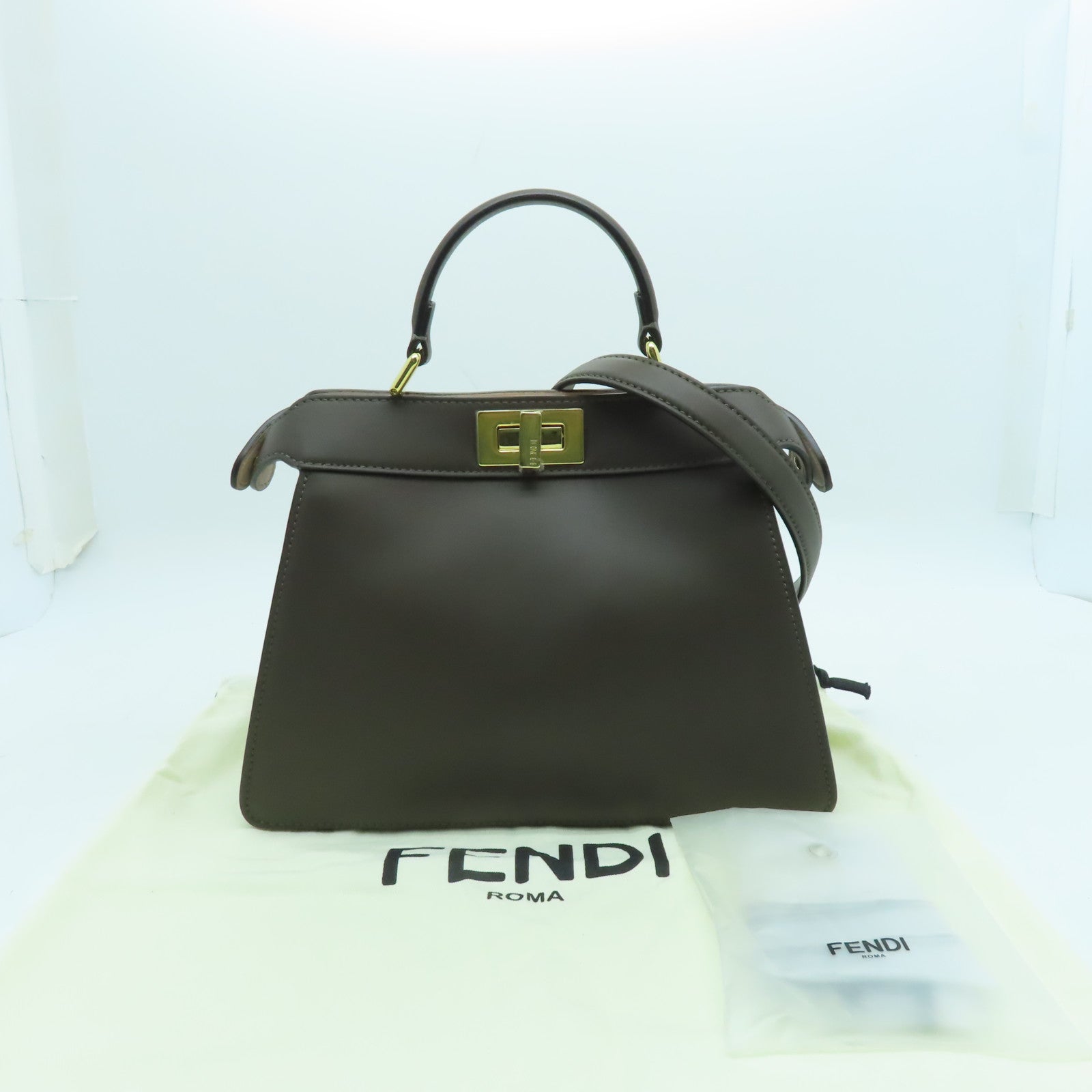 FENDI 【激減優惠】牛皮皮革Peekaboo Iseeu Small金扣手挽肩背兩用袋啡色
