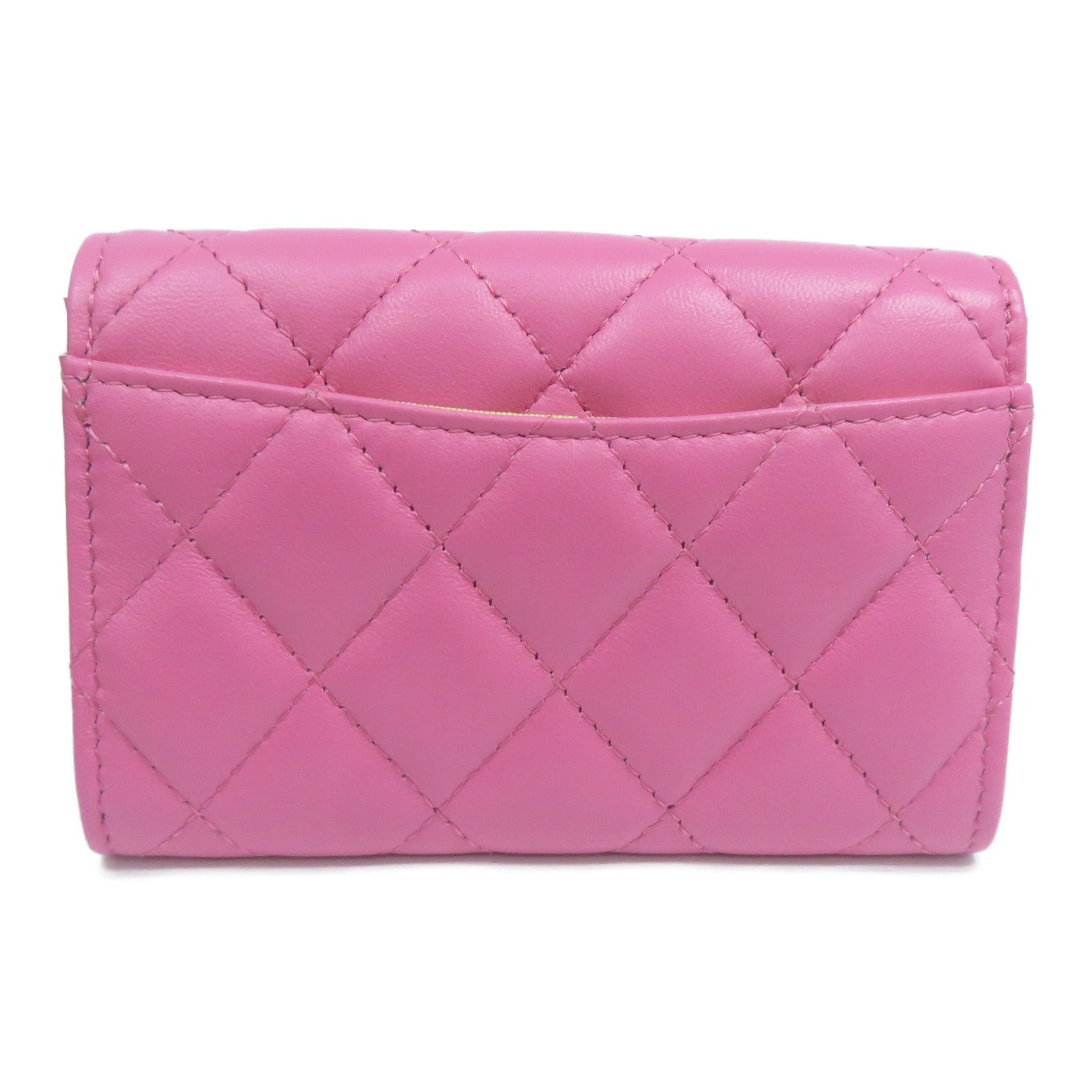 CHANEL 菱格羊皮皮革Card Case金扣卡片套粉紅色/黃色