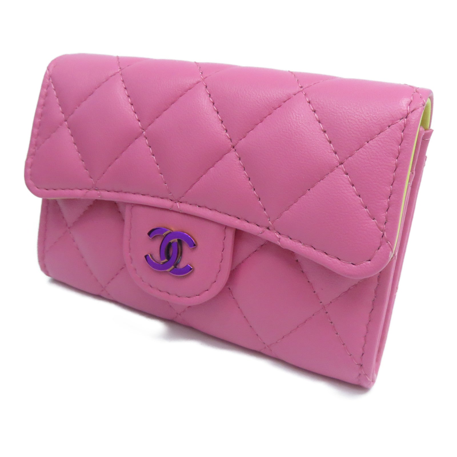 CHANEL 菱格羊皮皮革Card Case金扣卡片套粉紅色/黃色