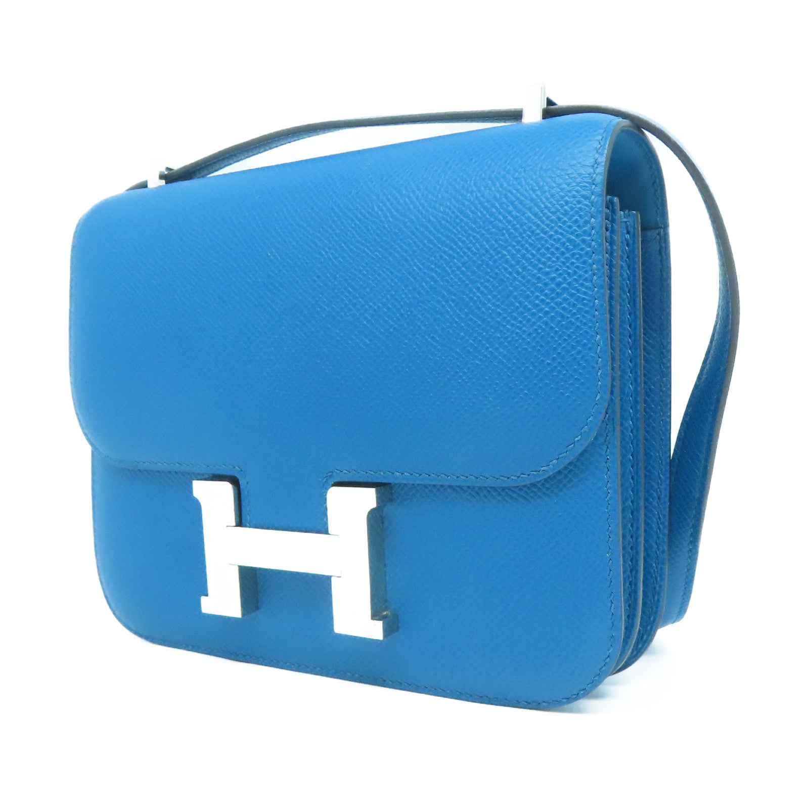 HERMES Veau Epsom皮革Constance Mini銀扣肩背袋海藍綠色