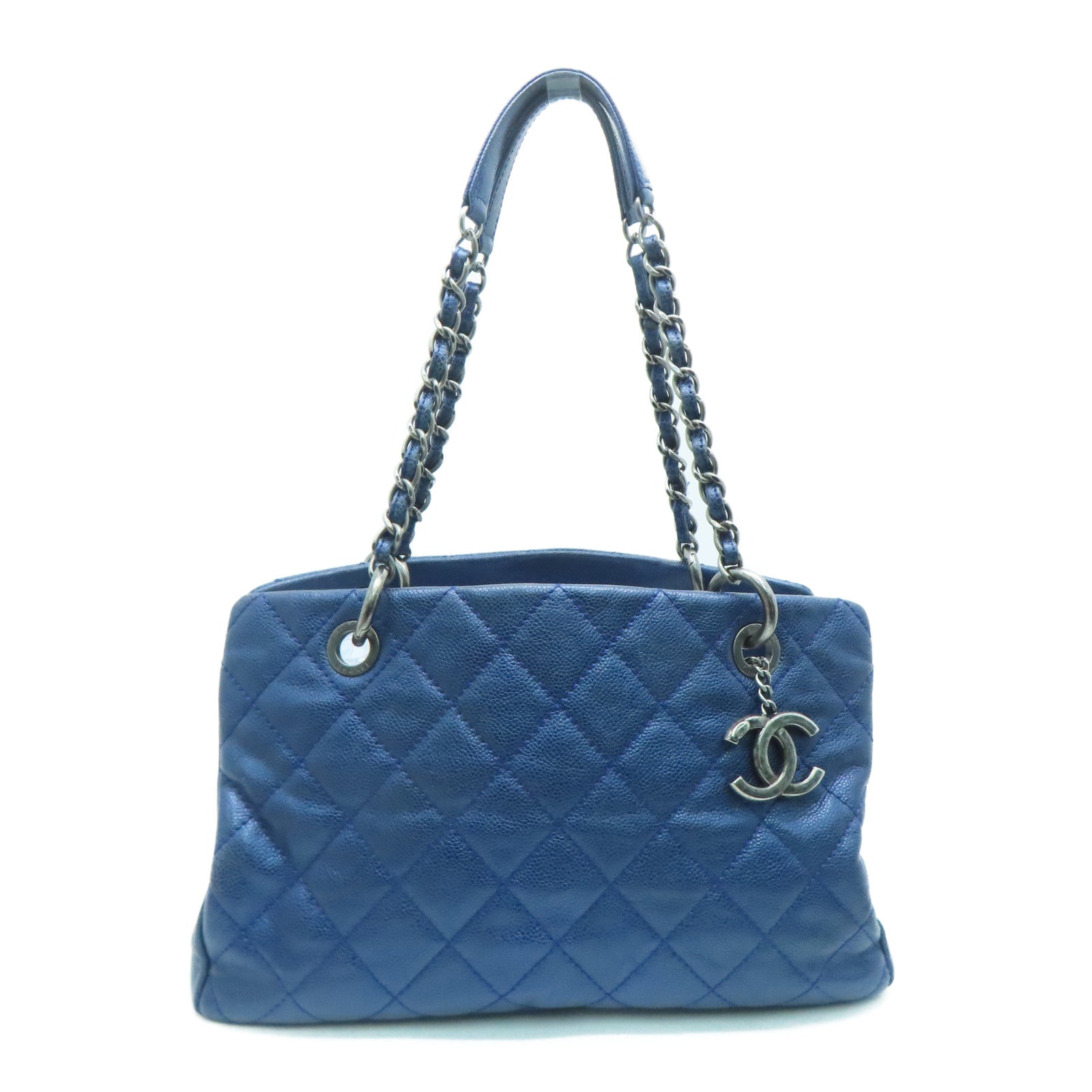 CHANEL Rhombus Caviar Leather Shoulder Bag Silver Buckle Shoulder Bag Blue