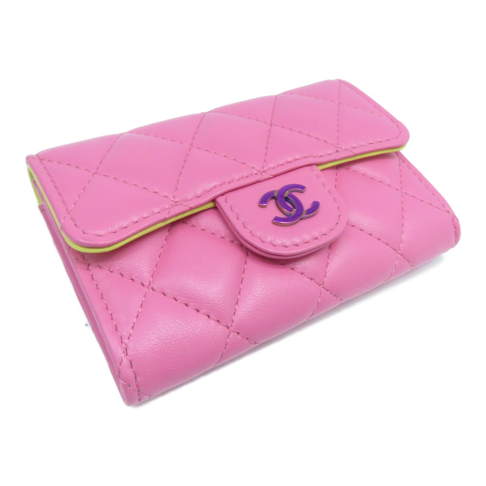 CHANEL 菱格羊皮皮革Card Case金扣卡片套粉紅色/黃色