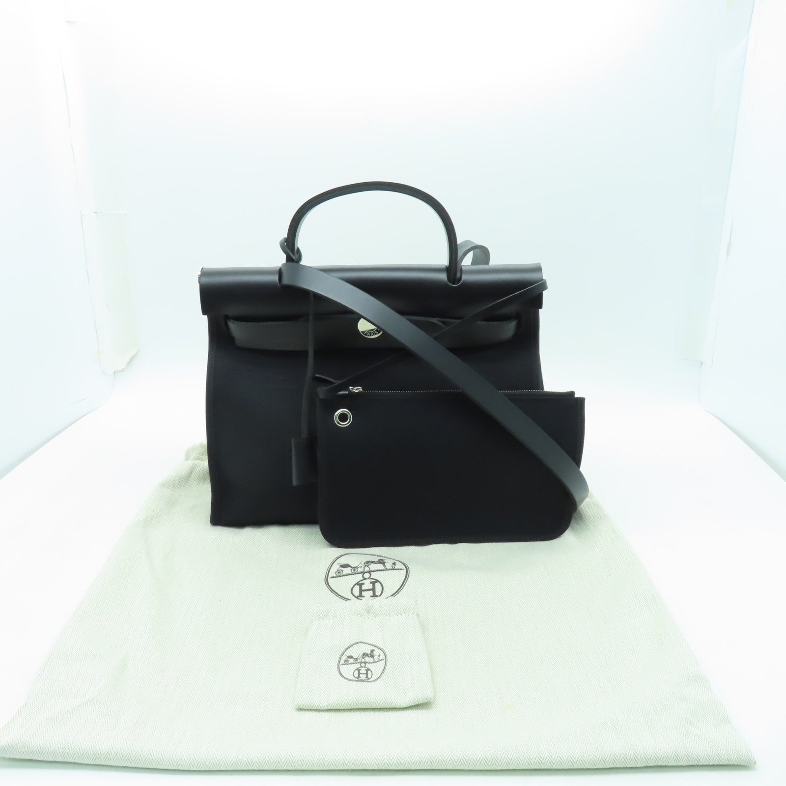 HERMES 帆布Herbag PM銀扣手挽肩背兩用袋黑色