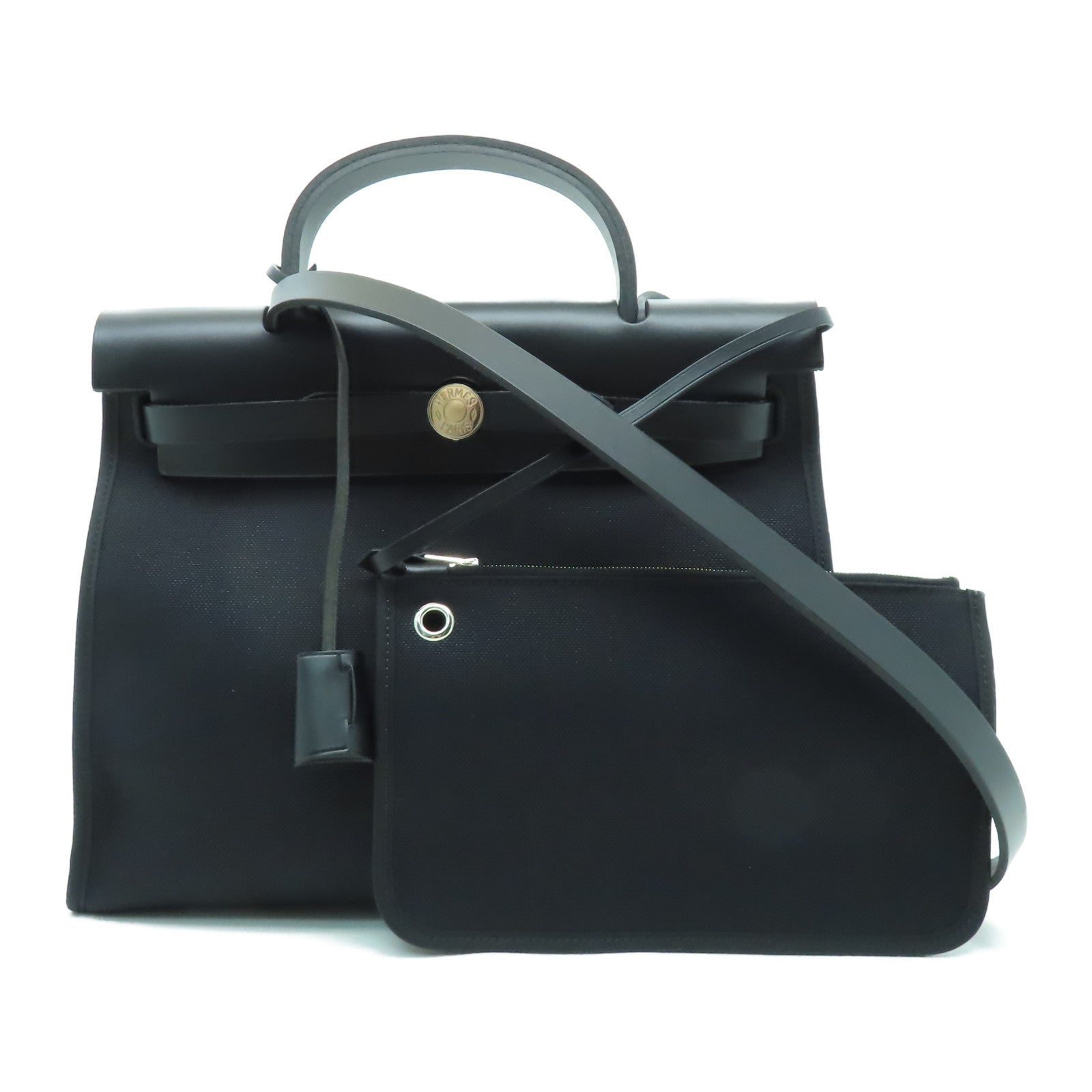 HERMES 帆布Herbag PM銀扣手挽肩背兩用袋黑色