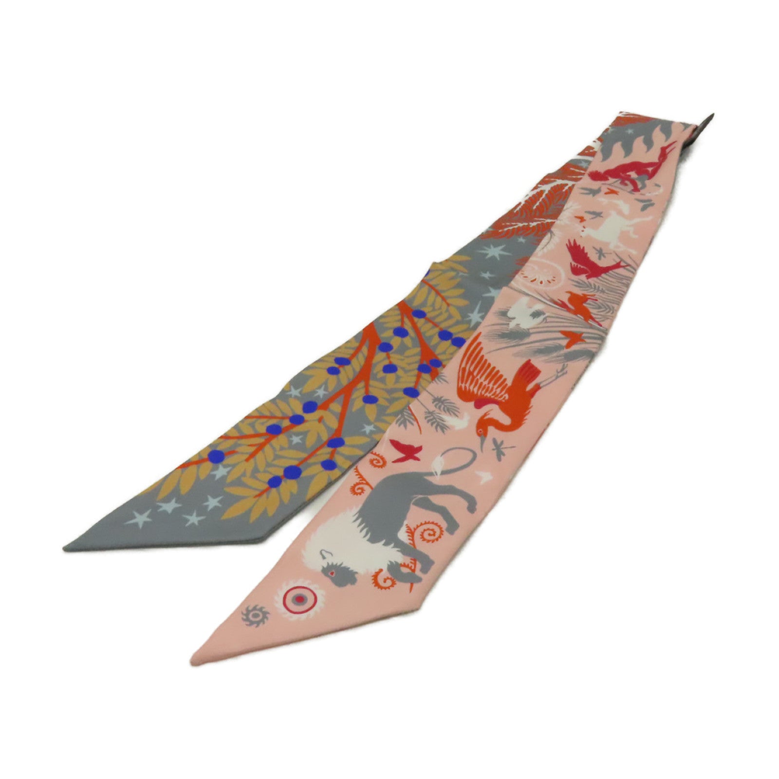 HERMES 絲質Twilly絲巾橙色/粉紅色/灰色