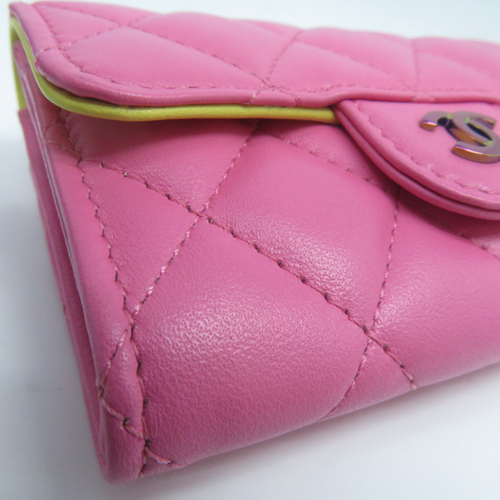 CHANEL 菱格羊皮皮革Card Case金扣卡片套粉紅色/黃色