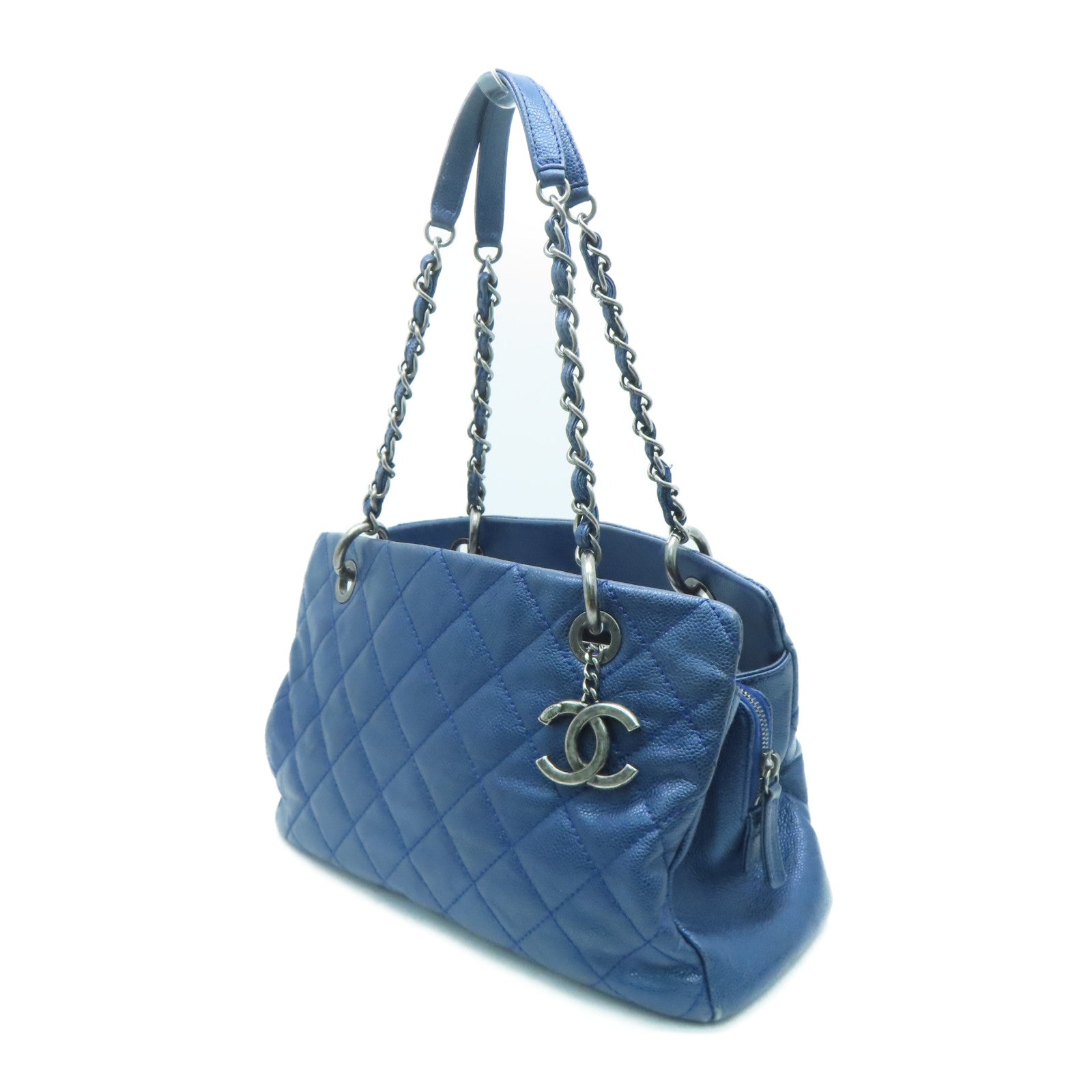 CHANEL Rhombus Caviar Leather Shoulder Bag Silver Buckle Shoulder Bag Blue
