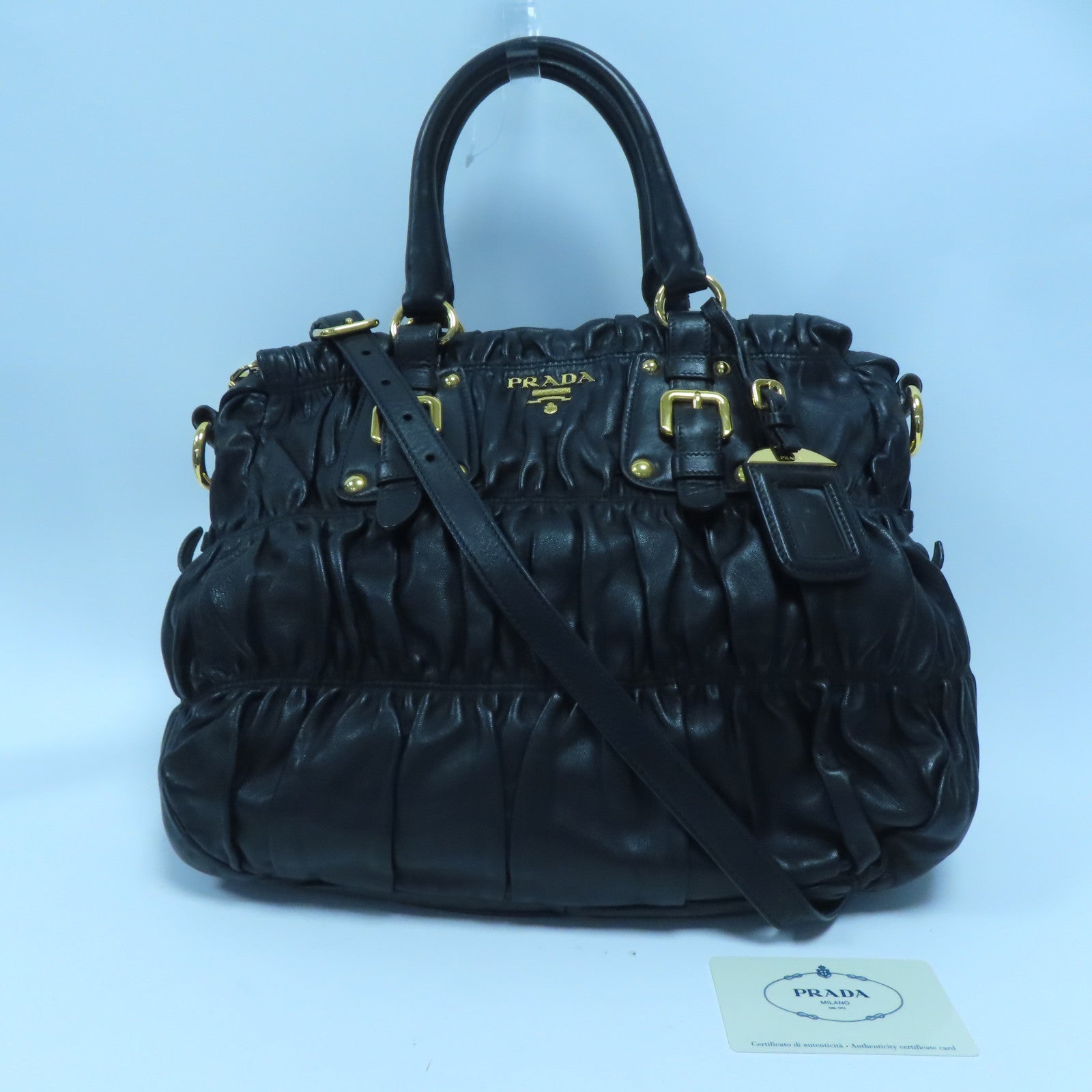PRADA 羊皮皮革Shoulder Bag金扣手挽肩背兩用袋黑色