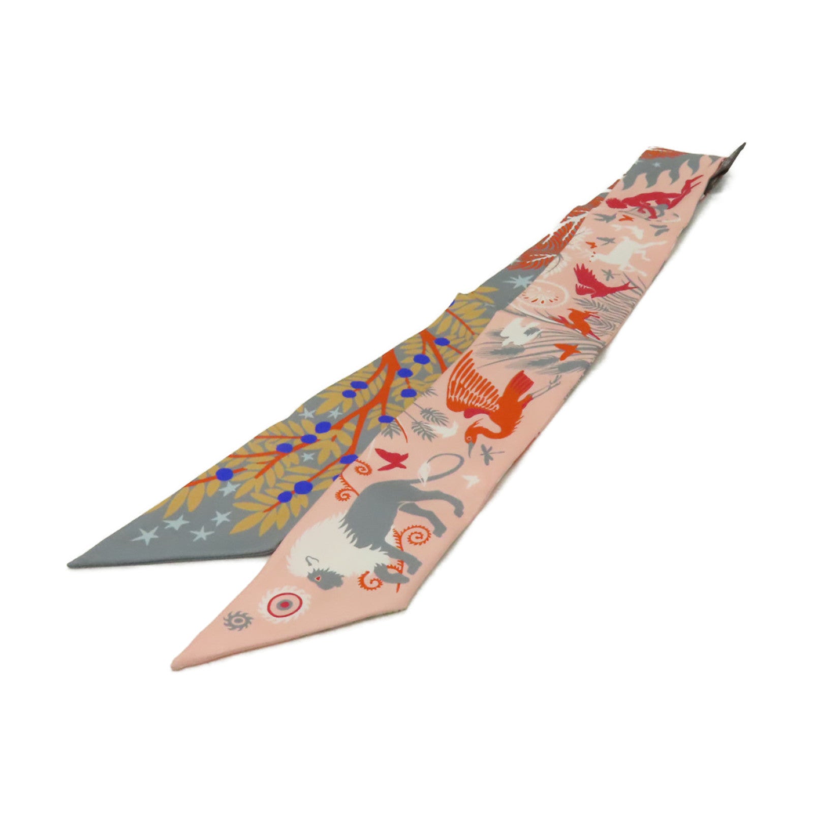 HERMES 絲質Twilly絲巾橙色/粉紅色/灰色