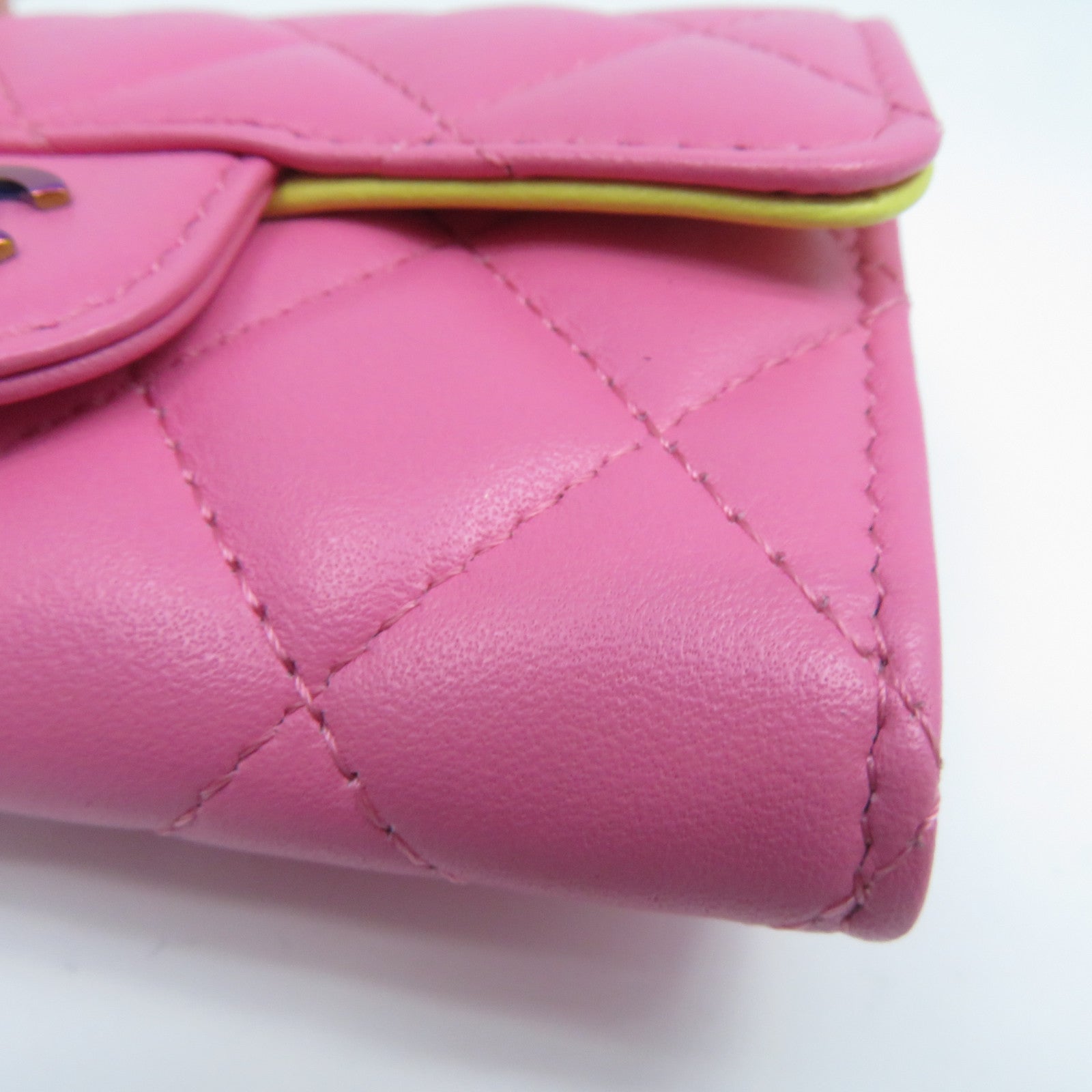 CHANEL 菱格羊皮皮革Card Case金扣卡片套粉紅色/黃色