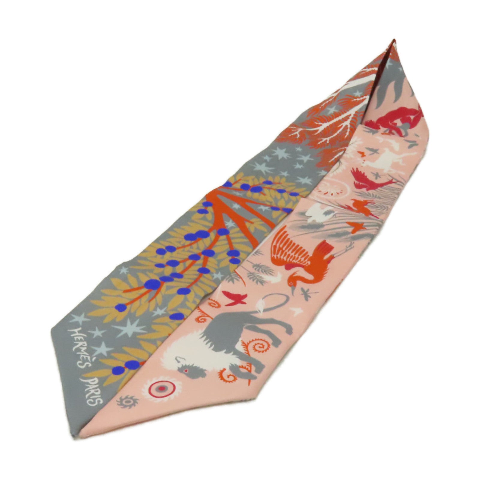 HERMES 絲質Twilly絲巾橙色/粉紅色/灰色