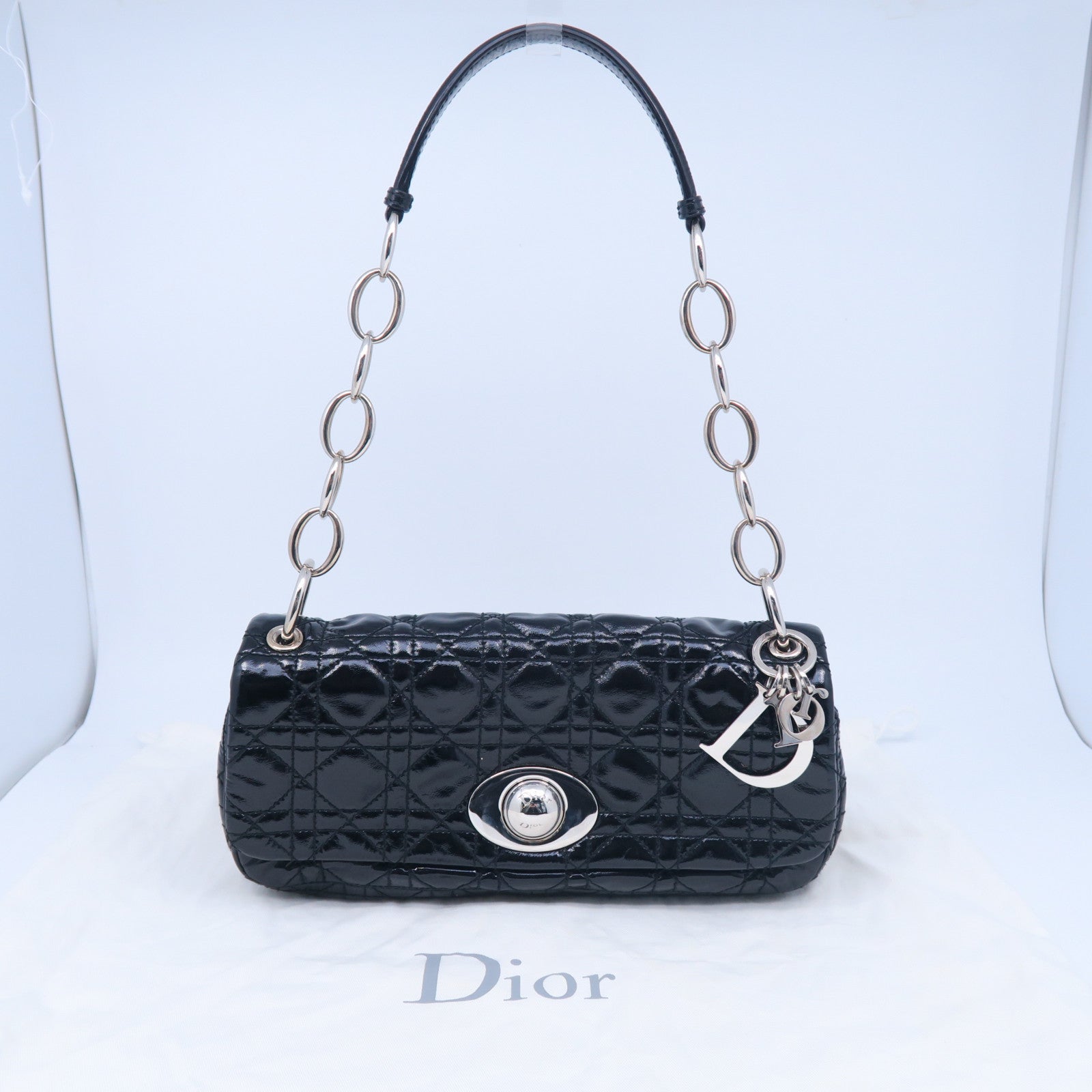 Dior 漆皮皮革Rendez-Vous Flap Bag銀扣鏈帶肩背袋黑色