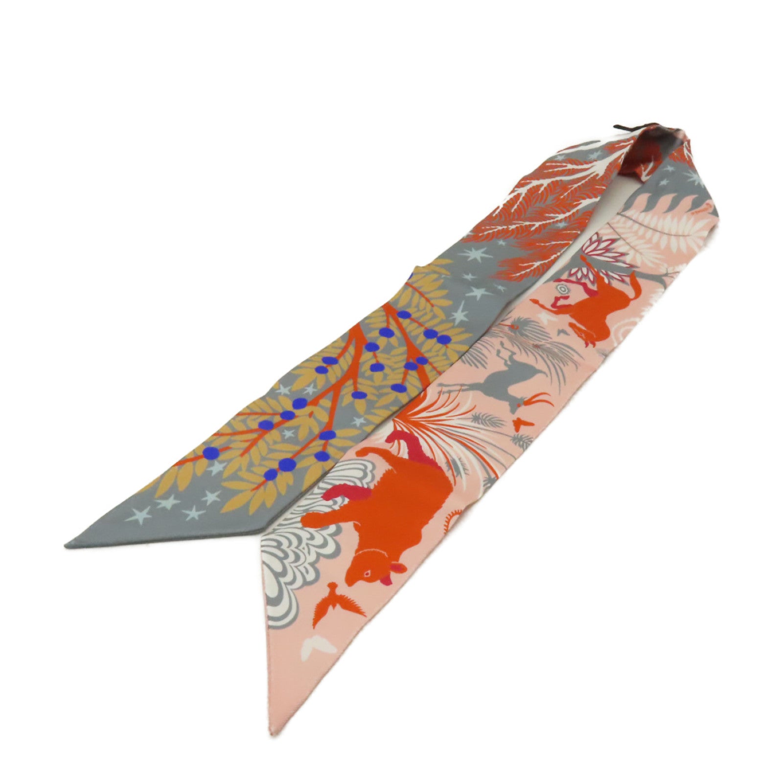 HERMES 絲質Twilly絲巾橙色/粉紅色/灰色