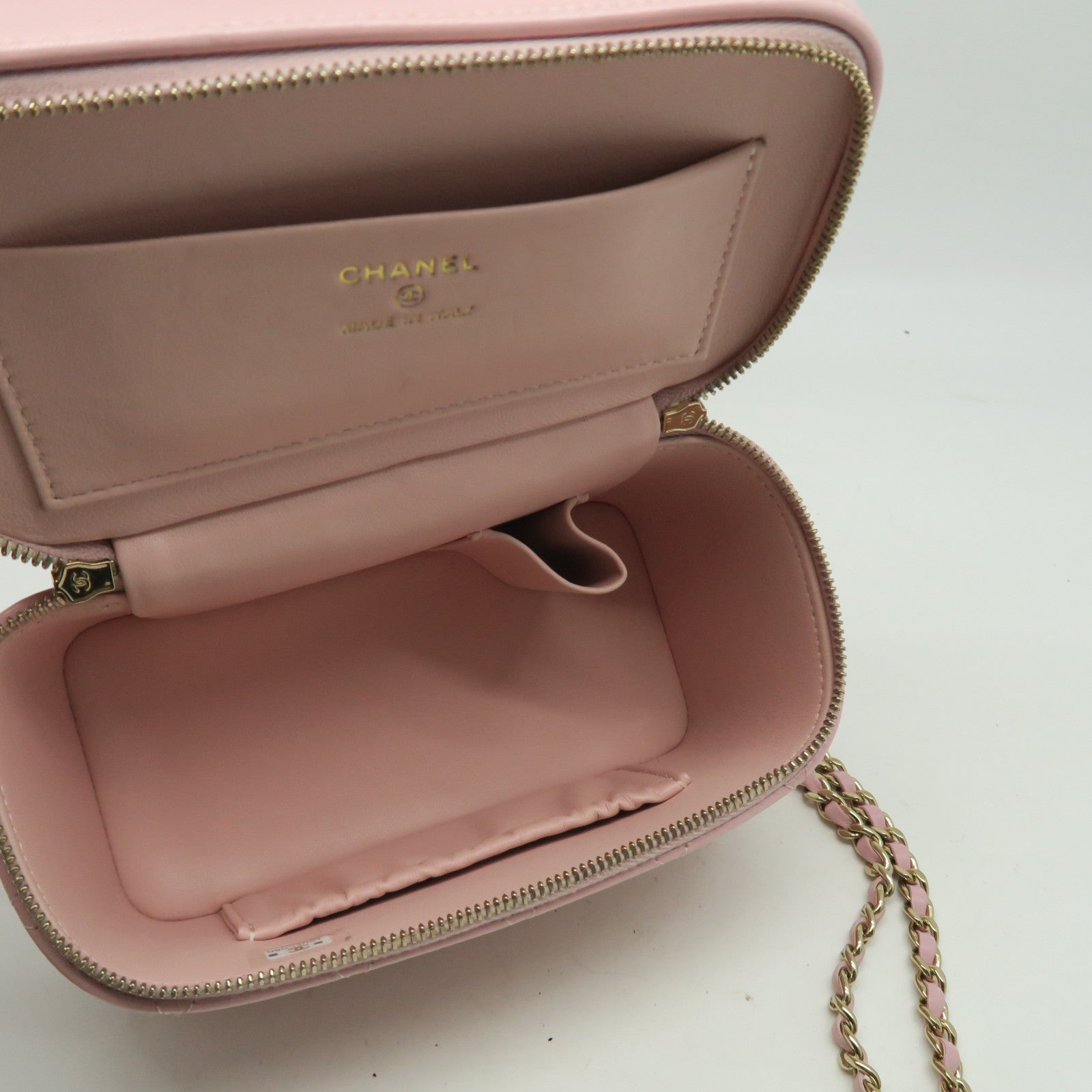 CHANEL 菱格牛皮皮革Vanity Case金扣鏈帶肩背袋粉紅色
