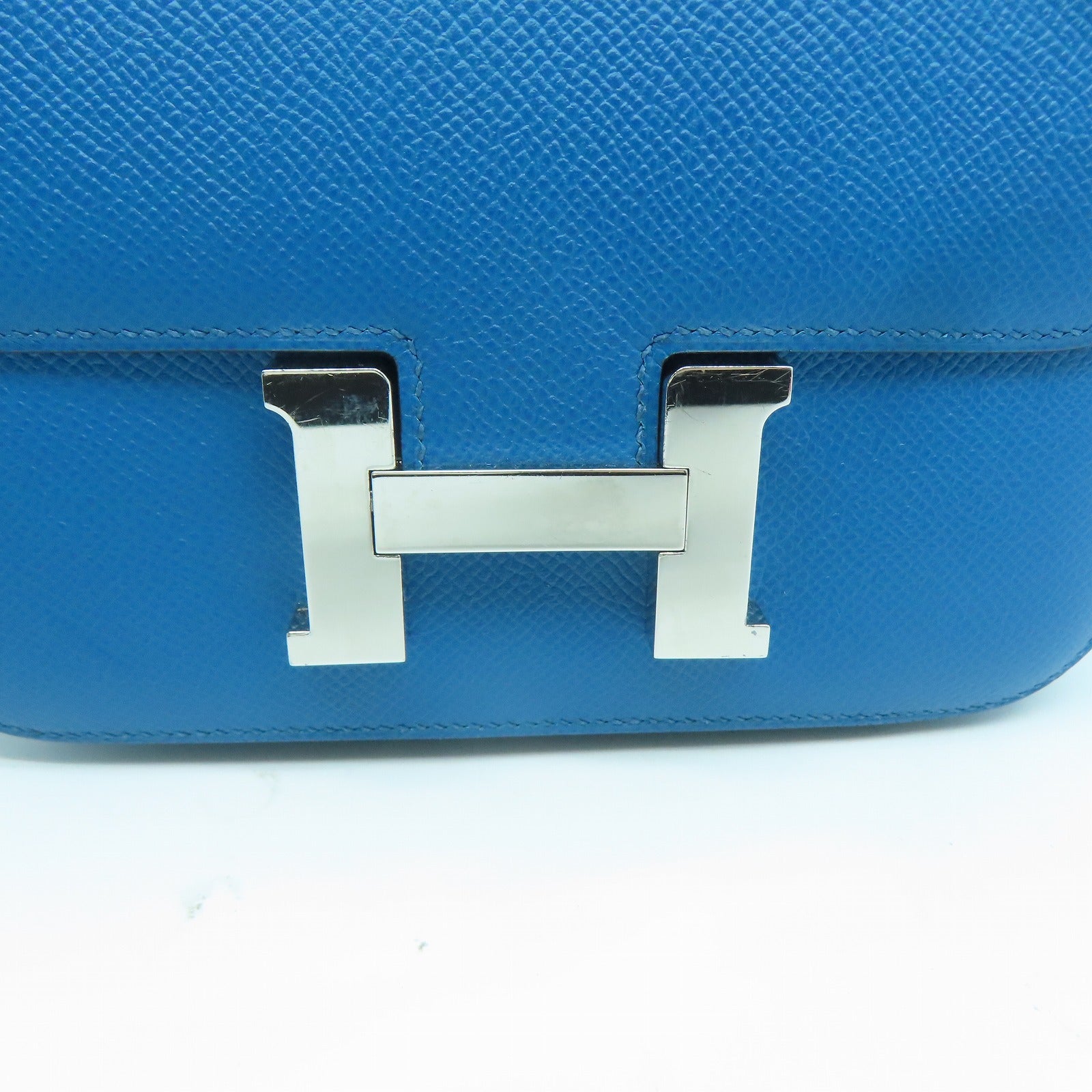 HERMES Veau Epsom皮革Constance Mini銀扣肩背袋海藍綠色