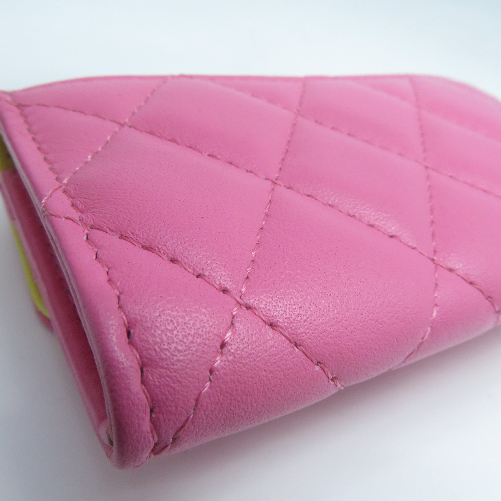 CHANEL 菱格羊皮皮革Card Case金扣卡片套粉紅色/黃色