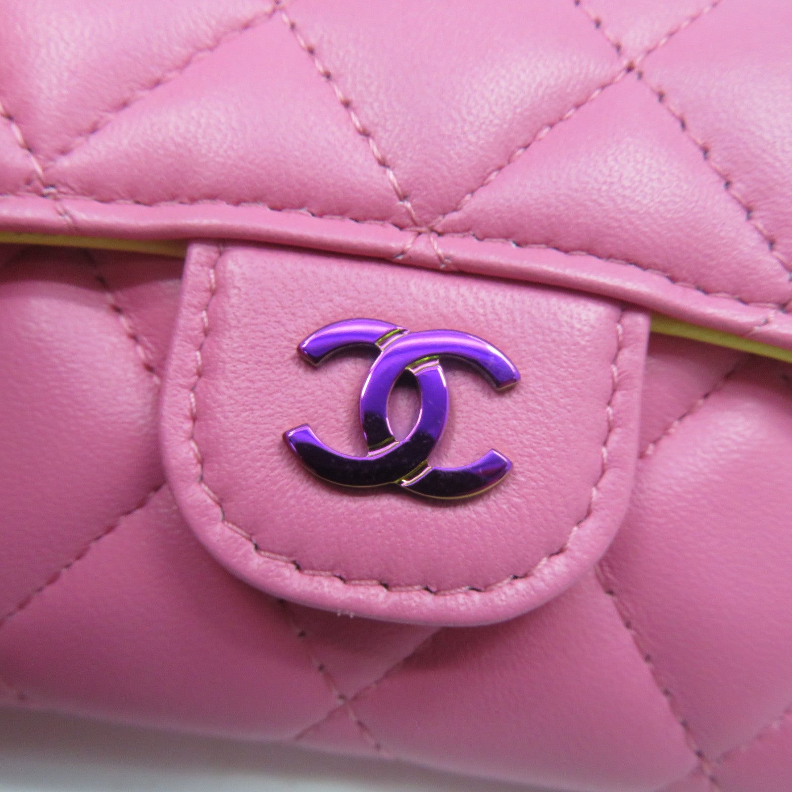 CHANEL 菱格羊皮皮革Card Case金扣卡片套粉紅色/黃色