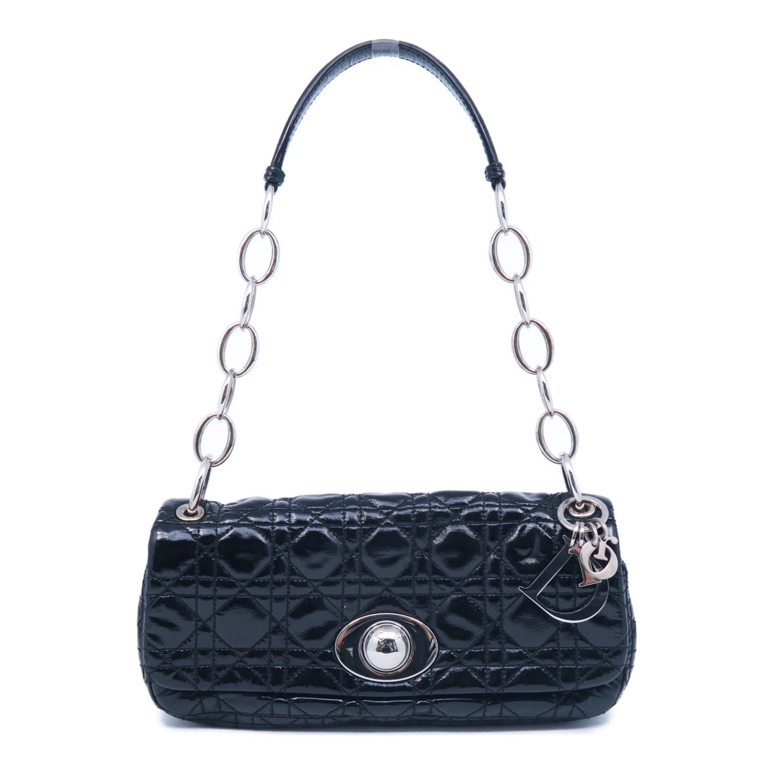 Dior 漆皮皮革Rendez-Vous Flap Bag銀扣鏈帶肩背袋黑色