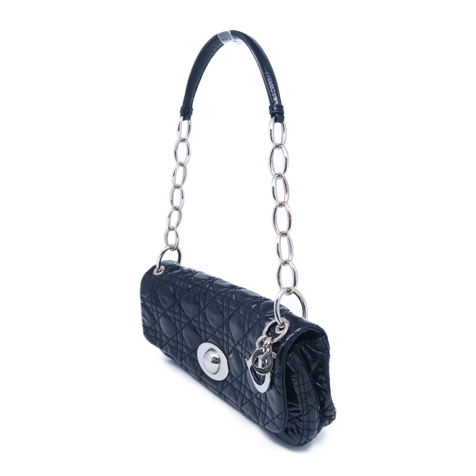 Dior 漆皮皮革Rendez-Vous Flap Bag銀扣鏈帶肩背袋黑色